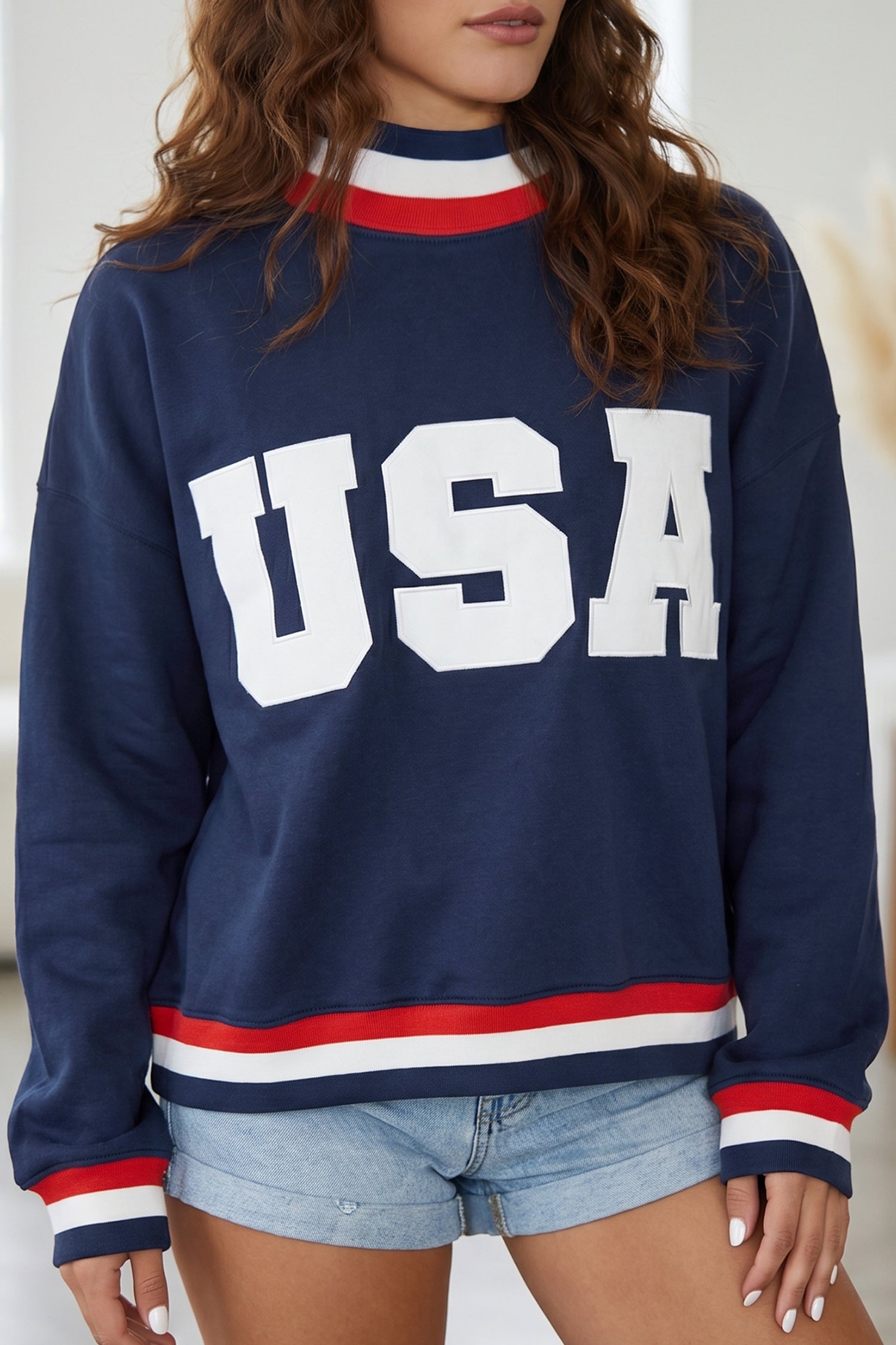 USA Slogan Patch Embroidery Colorblock High Neck Long Sleeve Sweatshirt – Dirty Blue