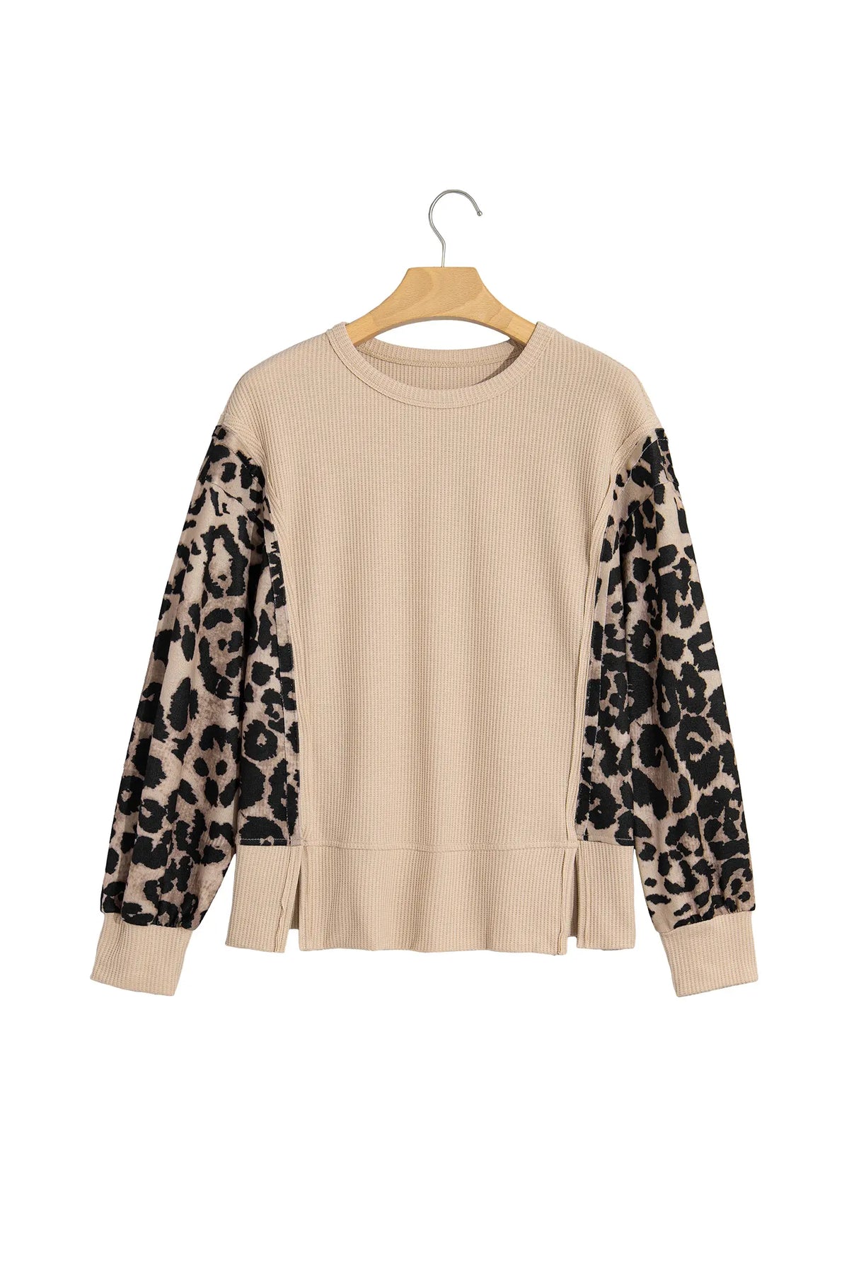 Leopard Sleeve Waffle Knit Split Hem Top – Grey Morn