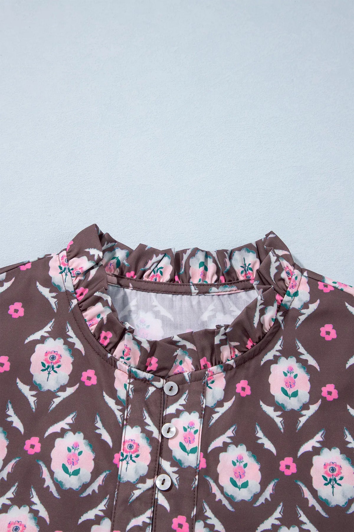 Floral Print Button Front Ruffle Hem Midi Dress – Brown