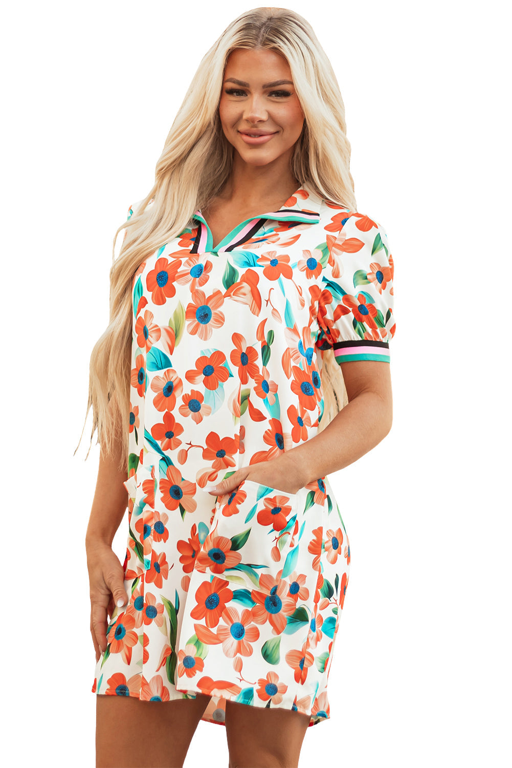 Contrast Trim Floral Split Neck Puff Short Sleeve Tiered Mini Dress eAura