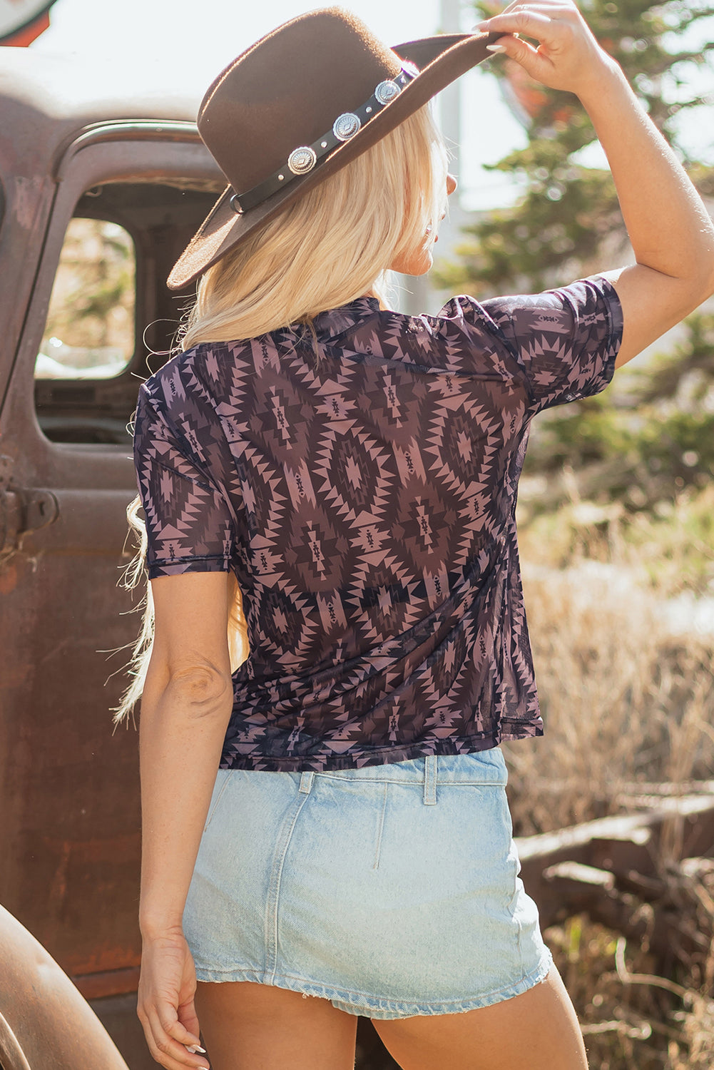 Aztec Print Mock Neck Short Sleeve Mesh T Shirt eAura
