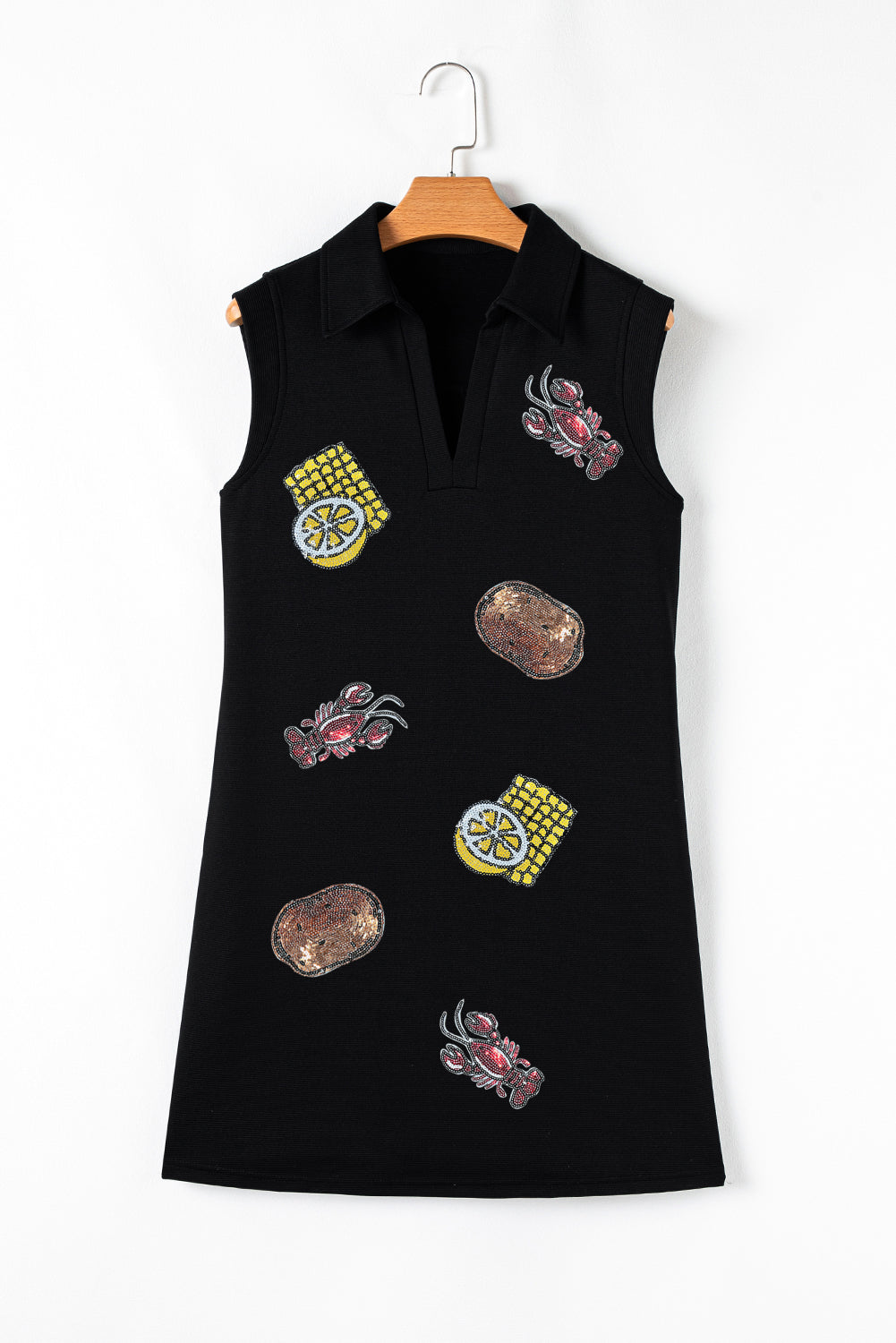 Black Sequin Patched V Neck Collared Mini Dress eAura