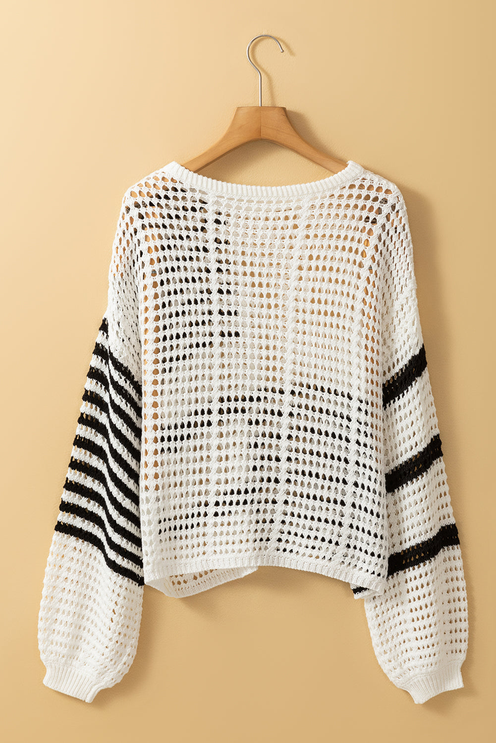 White Stripe Contrast Striped Crochet Puff Sleeve Sweater eAura
