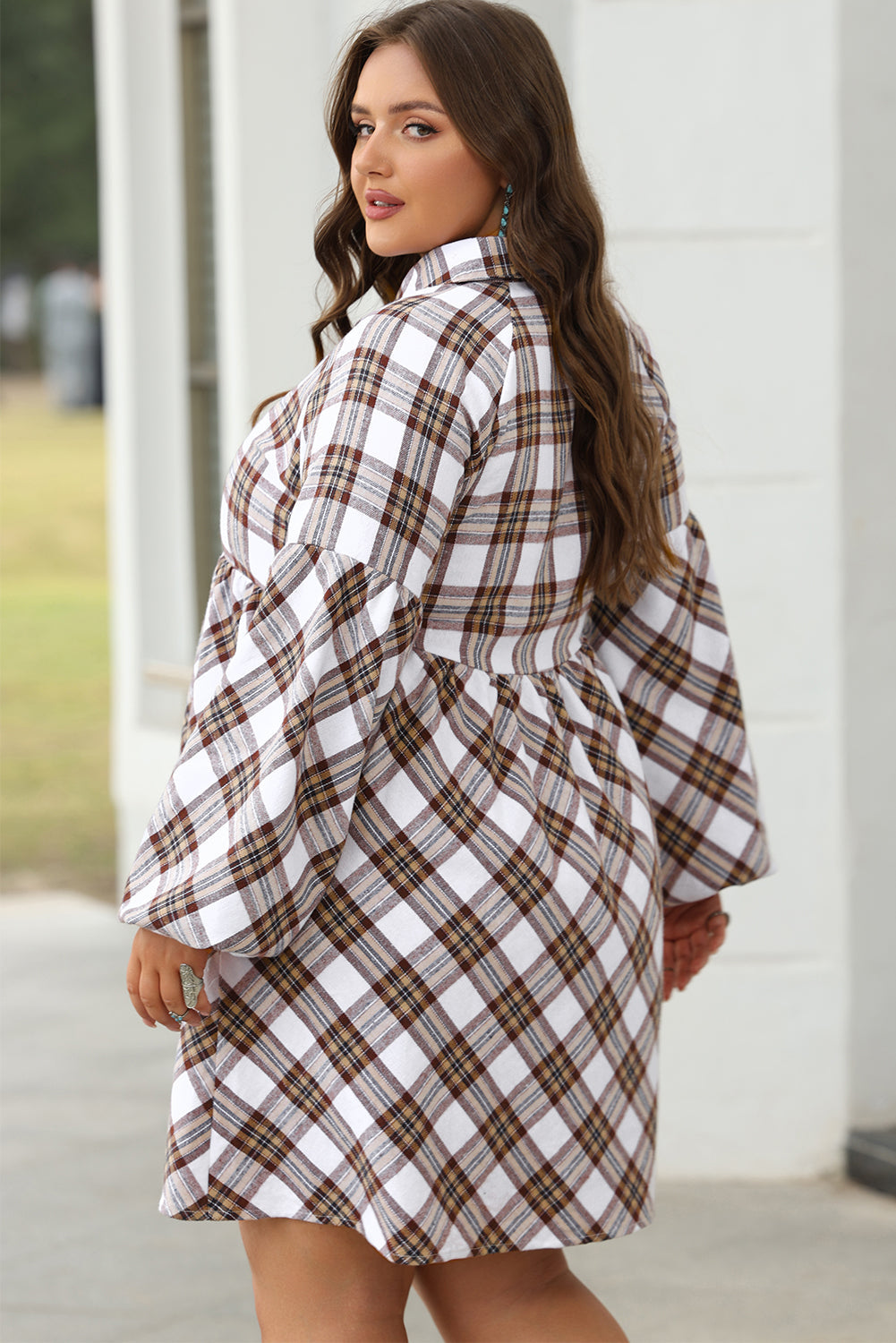 White Plaid Bubble Sleeve Flowy Shirt Dress eAura