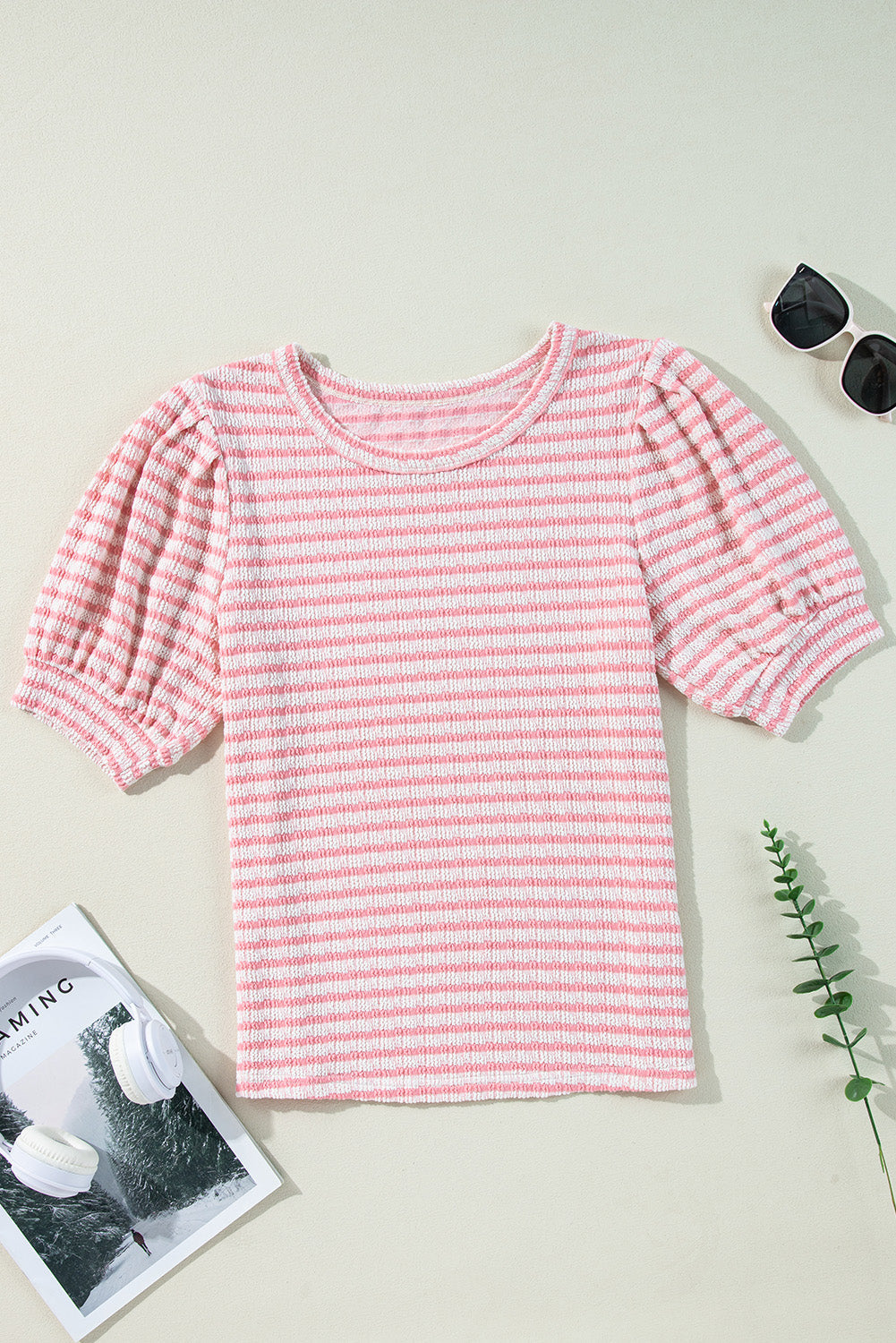 Pink Stripe Textured Puff Sleeve Crewneck Top eAura