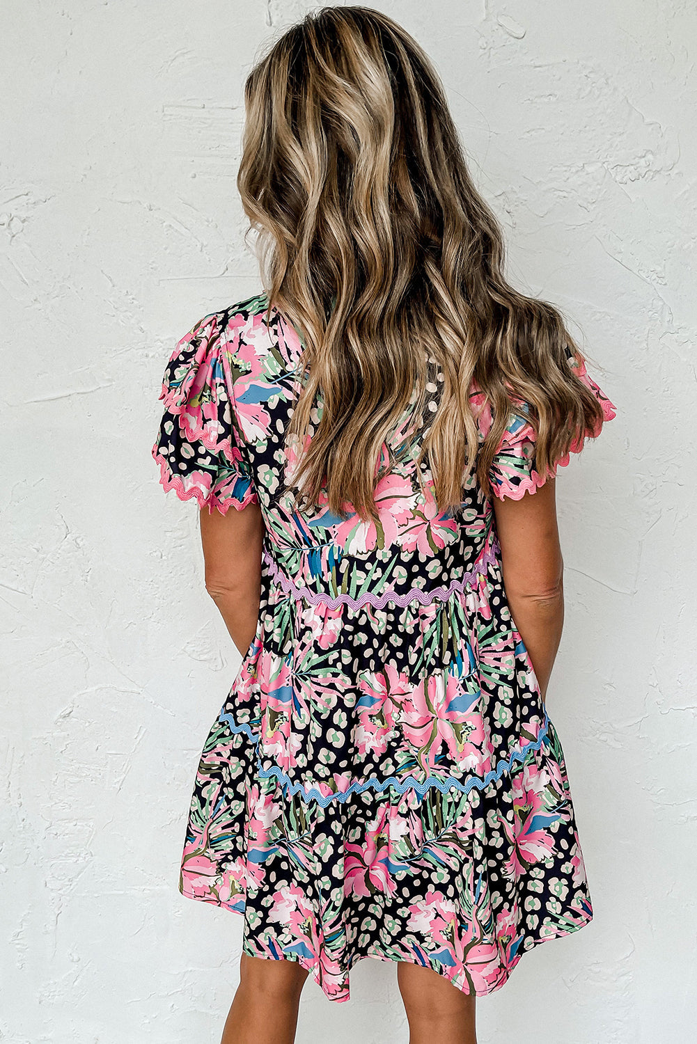 Pink Floral Ricrac Embellished Tiered Mini Dress eAura