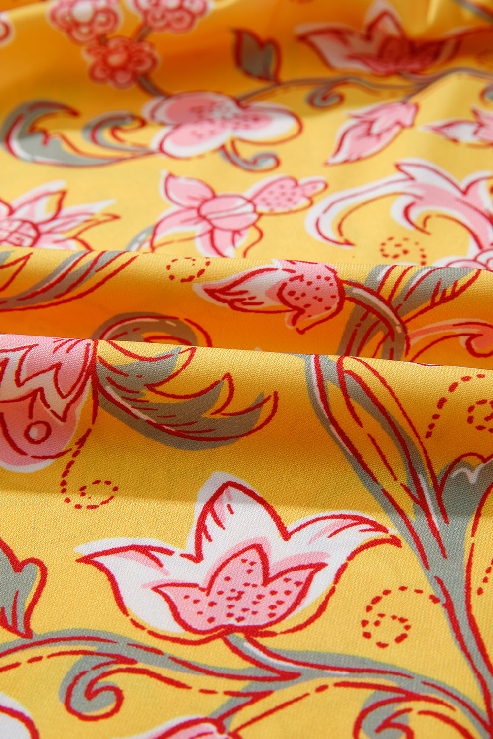 Yellow Floral Notched Neck Ruffled Sleeve Casual Blouse eAura