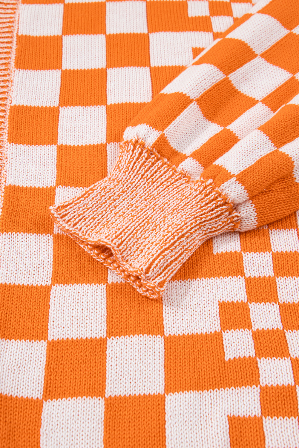 Orange Checkered Bubble Sleeve Drop Shoulder Open Cardigan eAura