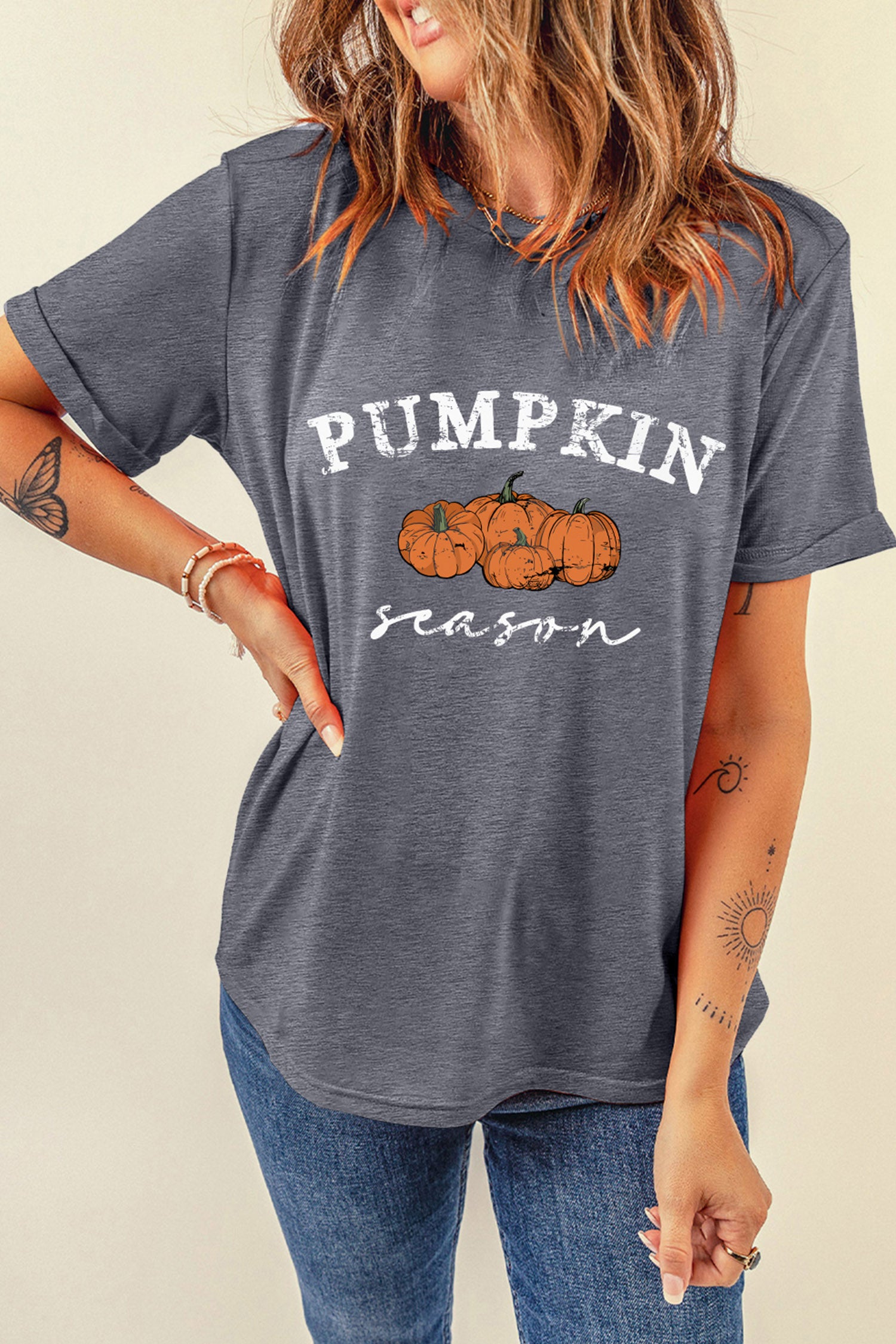 Pumpkin Season Graphic Round Neck Short Sleeve T-Shirt – Gray