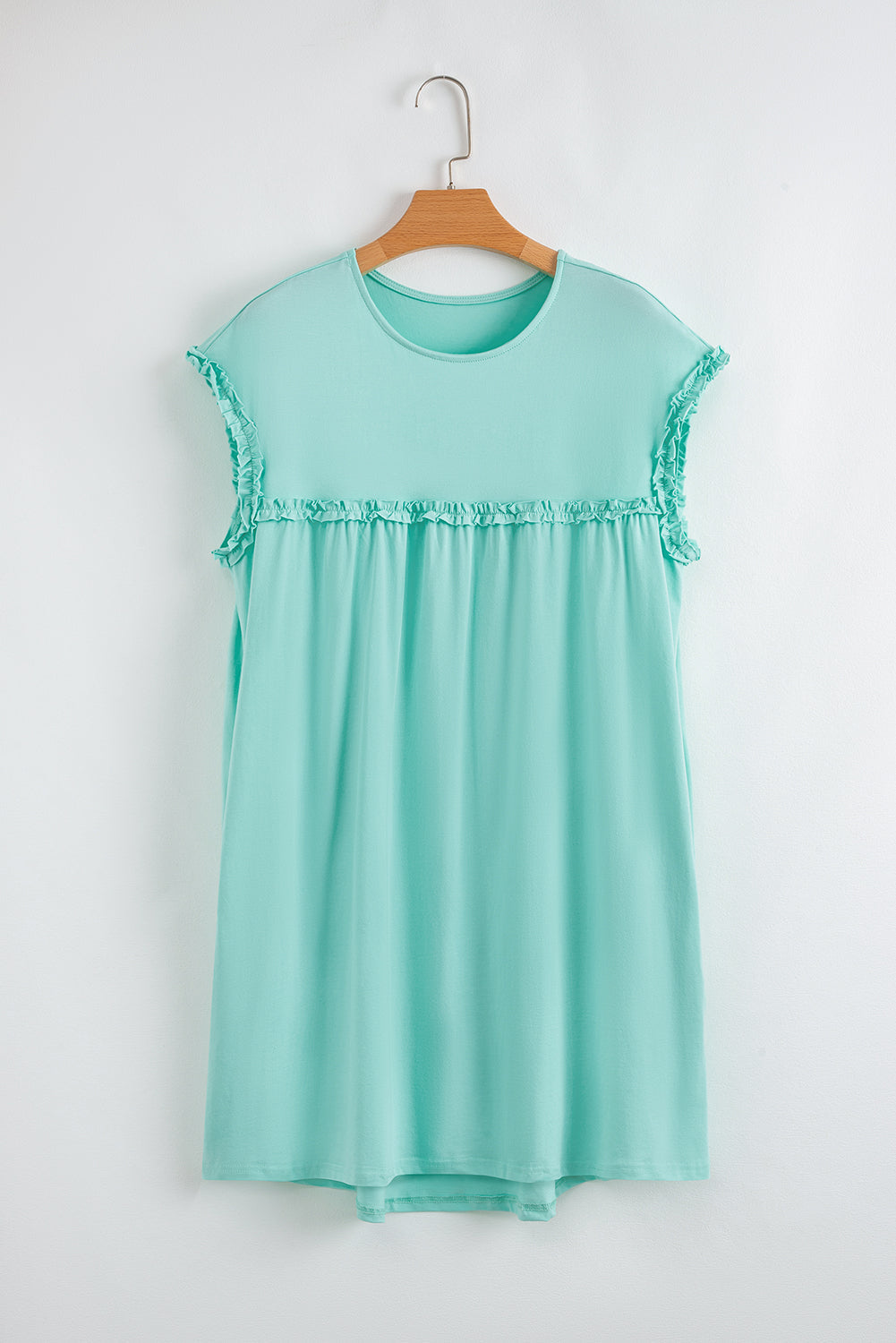 Mint Green Frilled Trim Crew Neck Loose Fit Mini Dress eAura