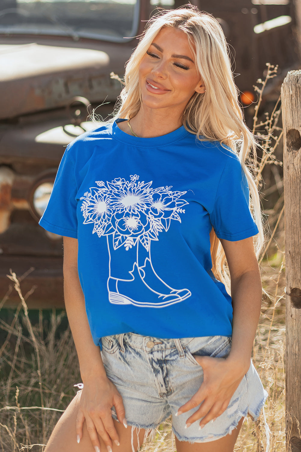 Blue Sunflower Boots Graphic Western Fashion T Shirt eAura