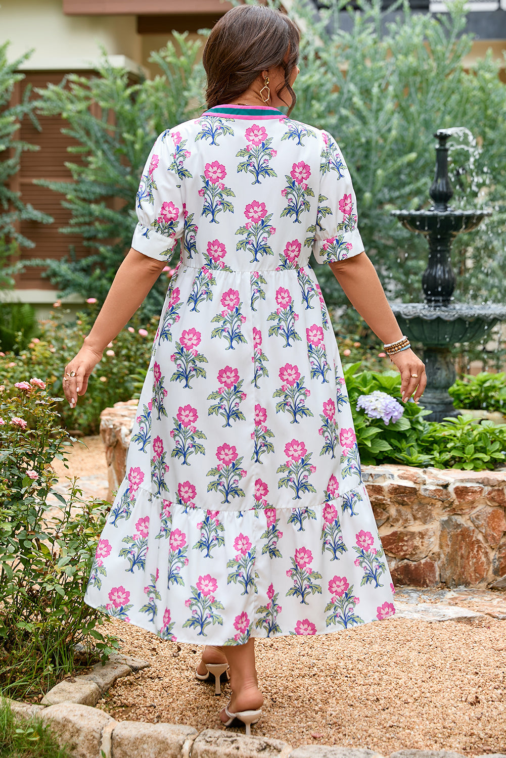 Print Contrast Split Neckline Short Puff Sleeve Curvy Dress BB Fashion Outlet