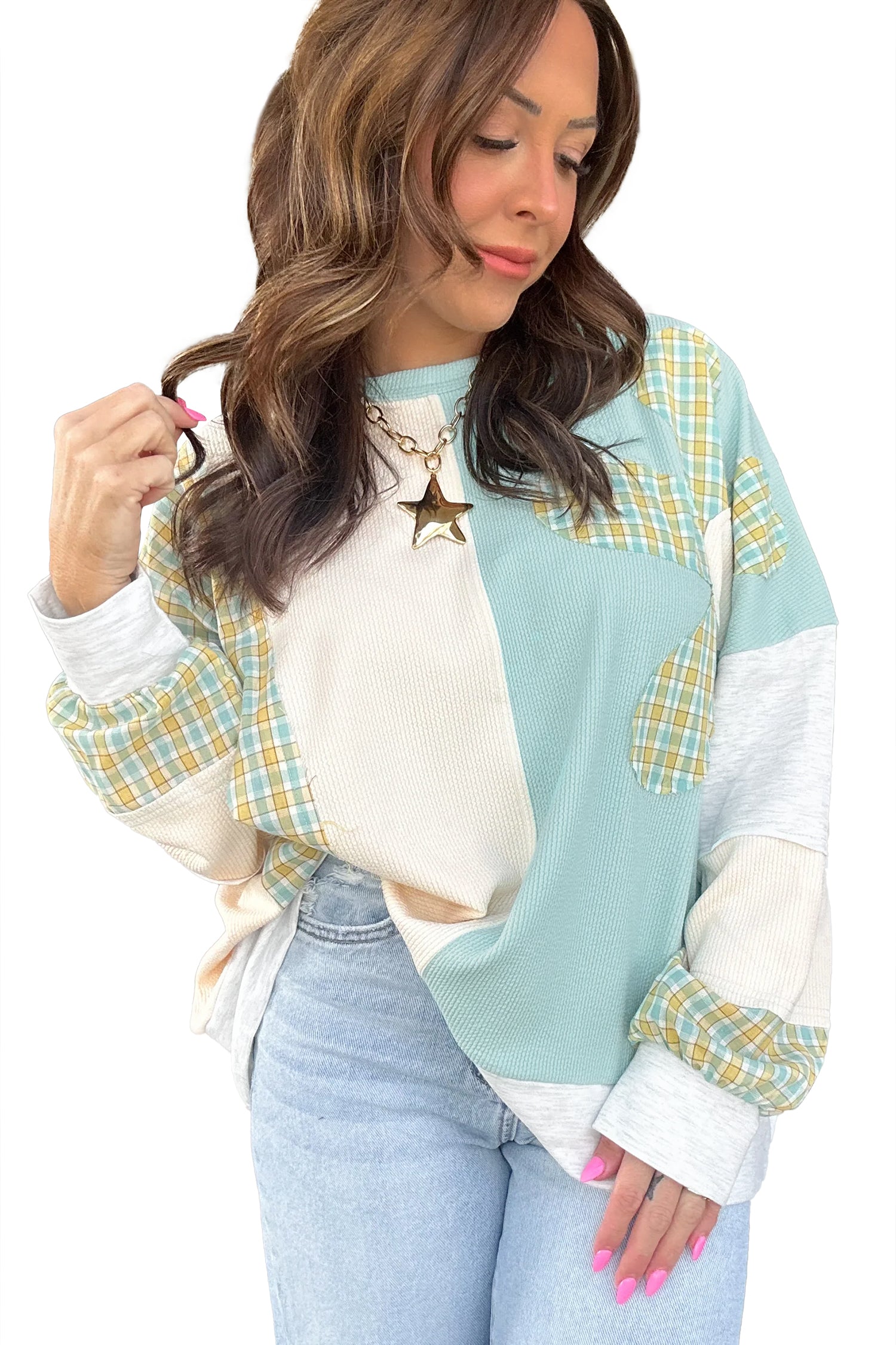 Plaid Patchwork Round Neck Long Sleeve Top – Light Blue