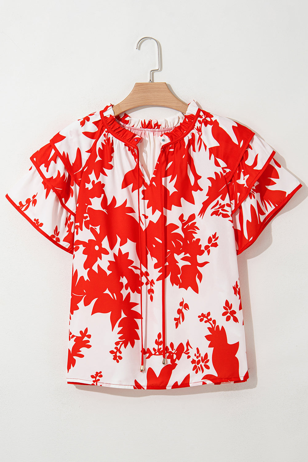 Red Plant Print Tiered Ruffled Sleeve V Neck Blouse eAura