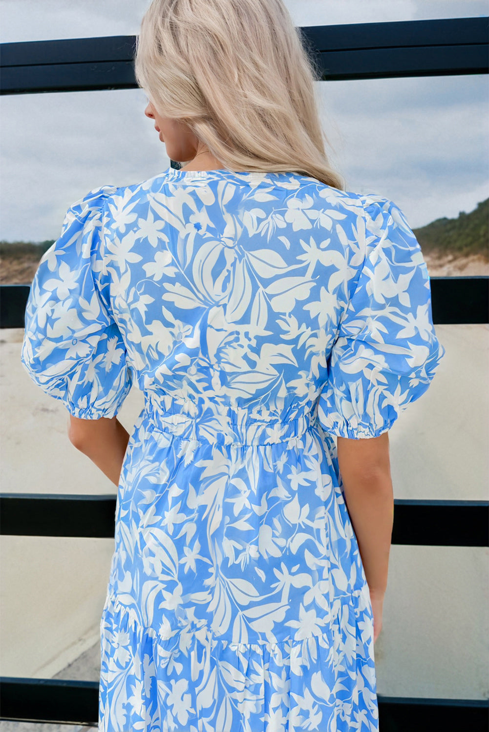 Sky Blue Floral V Neck Puff Short Sleeve Flowy Long Dress eAura