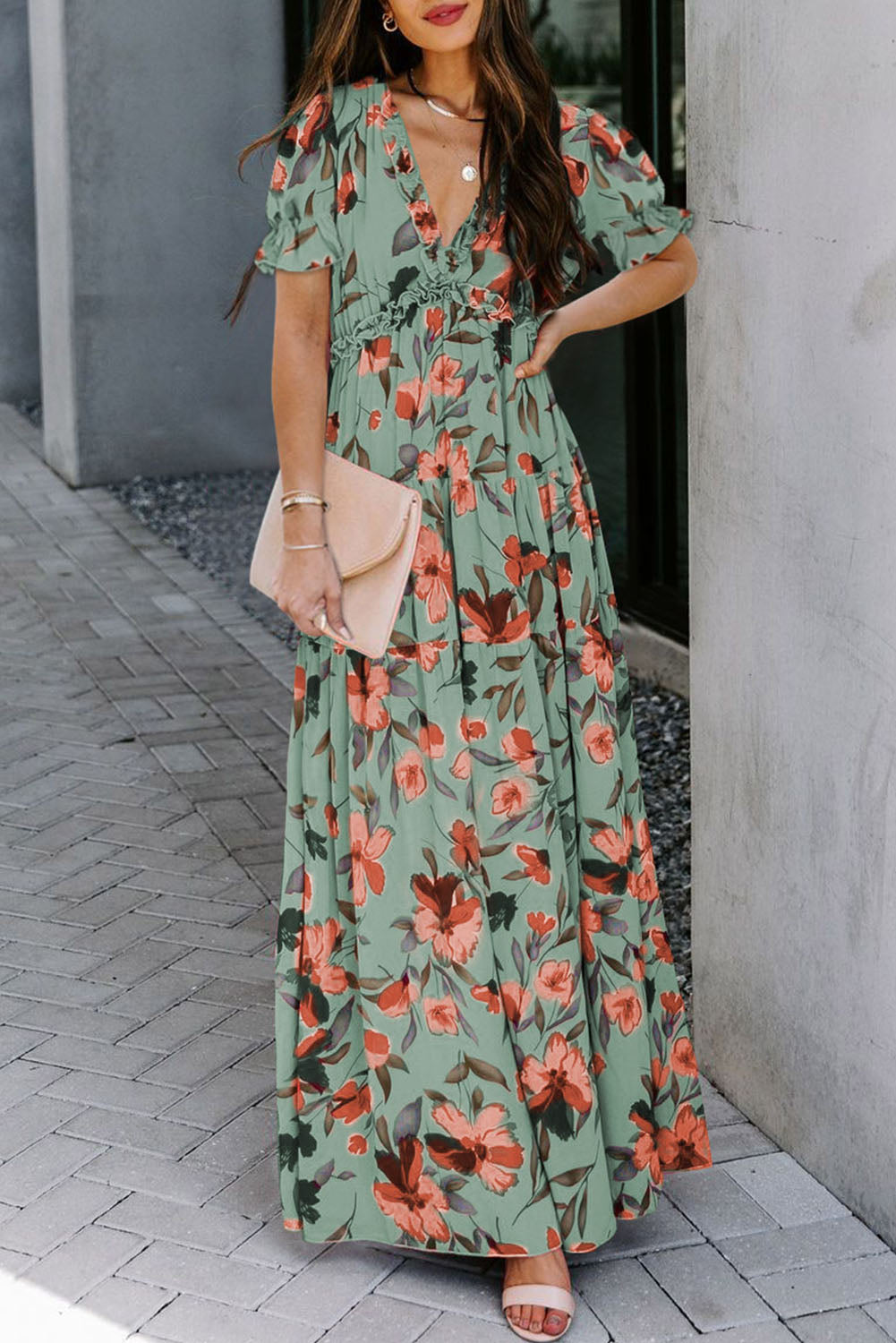 Floral Print Frilled V-Neck Short Sleeve Maxi Dress