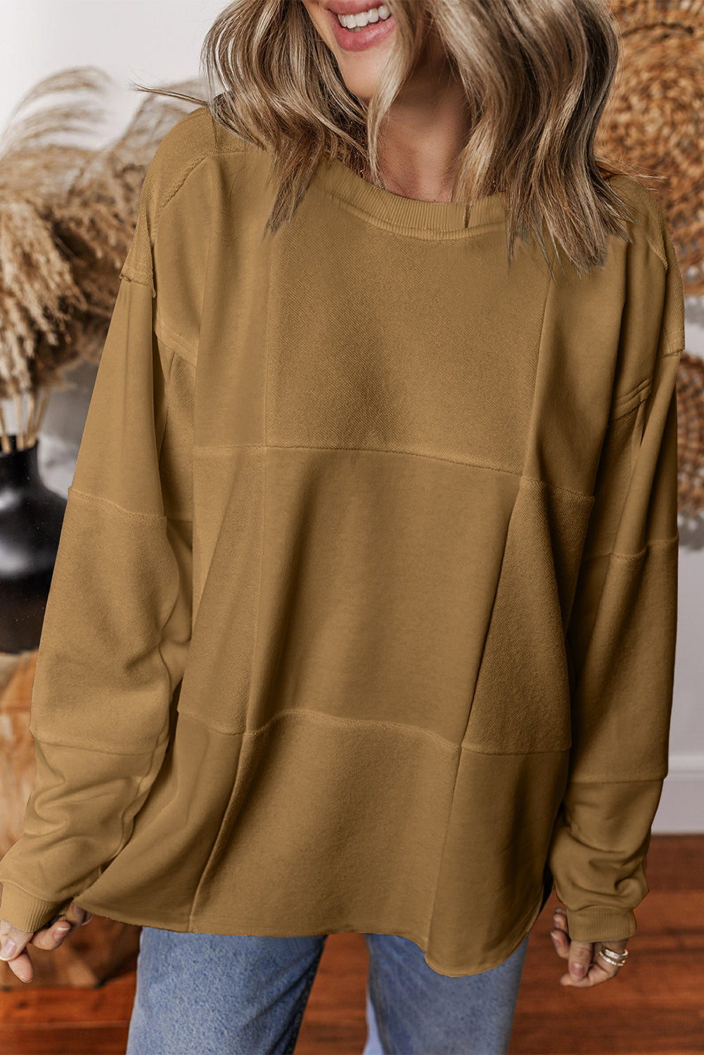 White Solid Colour Patchwork Drop Shoulder Baggy Sweatshirt eAura