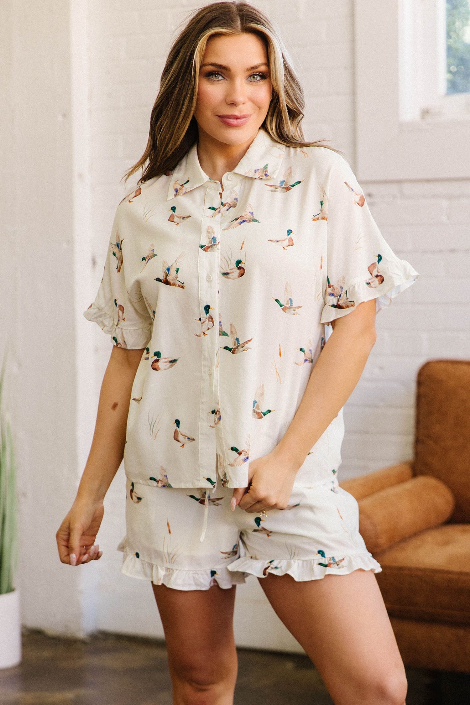 Beige Mallard Print Shirt & Shorts Two Piece Set