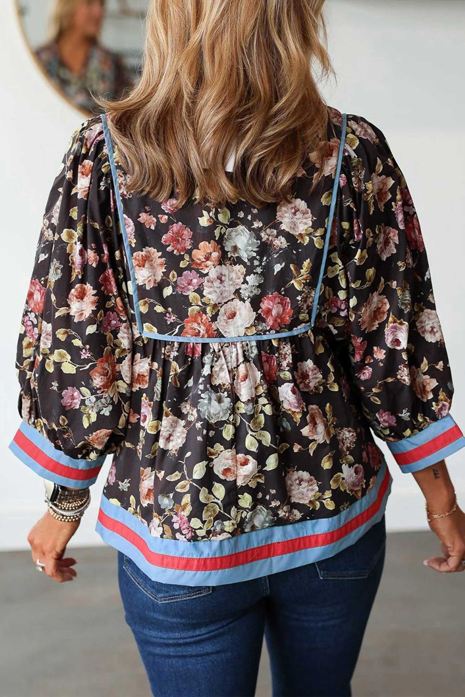 Floral Print Contrast Trim Tie V Neck Bracelet Sleeve Blouse – Black