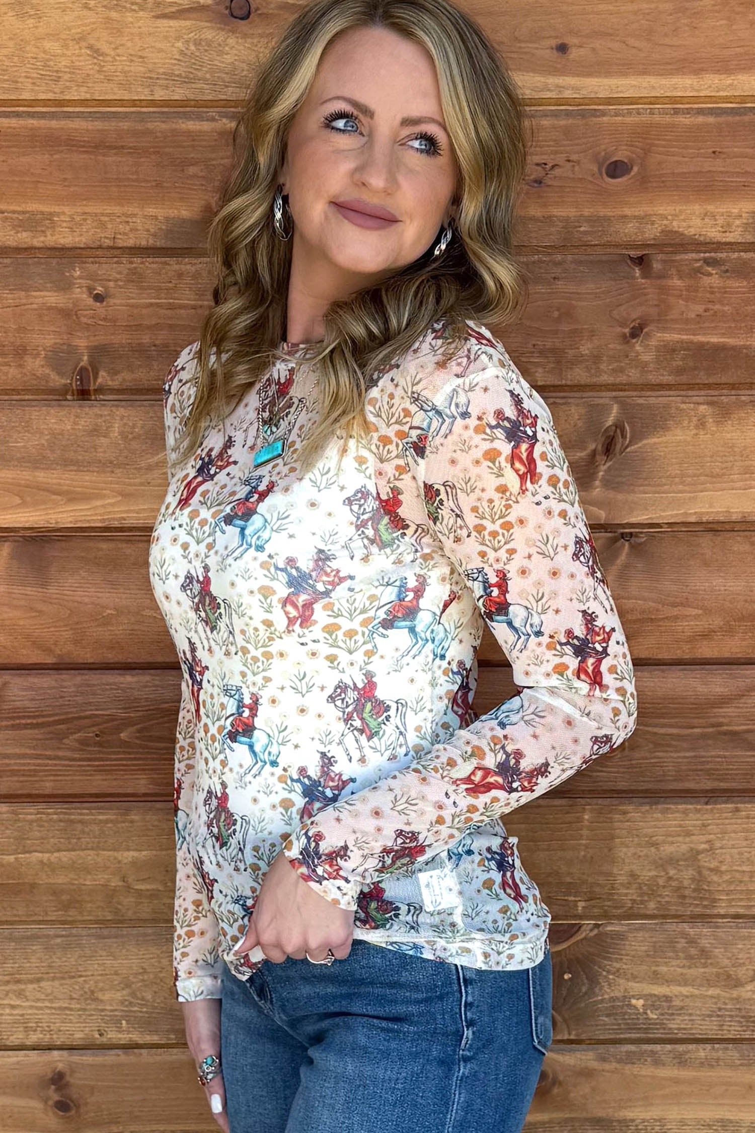 Western Cowboy Floral Print Sheer Mesh Long Sleeve Top – Beige