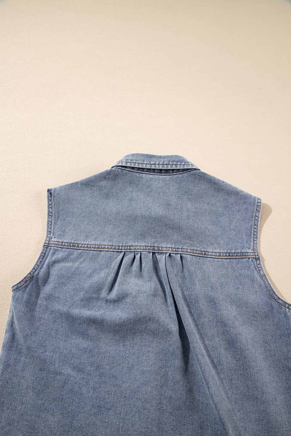 Beau Blue Denim Flap Pocket Curved Hem Shirt Vest - eAura