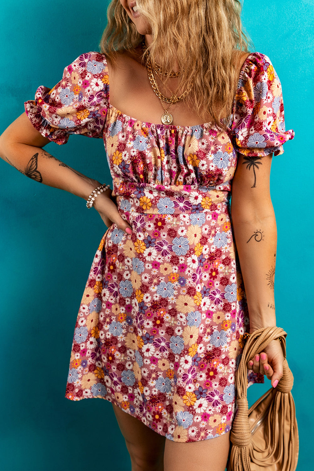Red Floral Puff Sleeve Square Neck Knot Open Back Mini Dress eAura