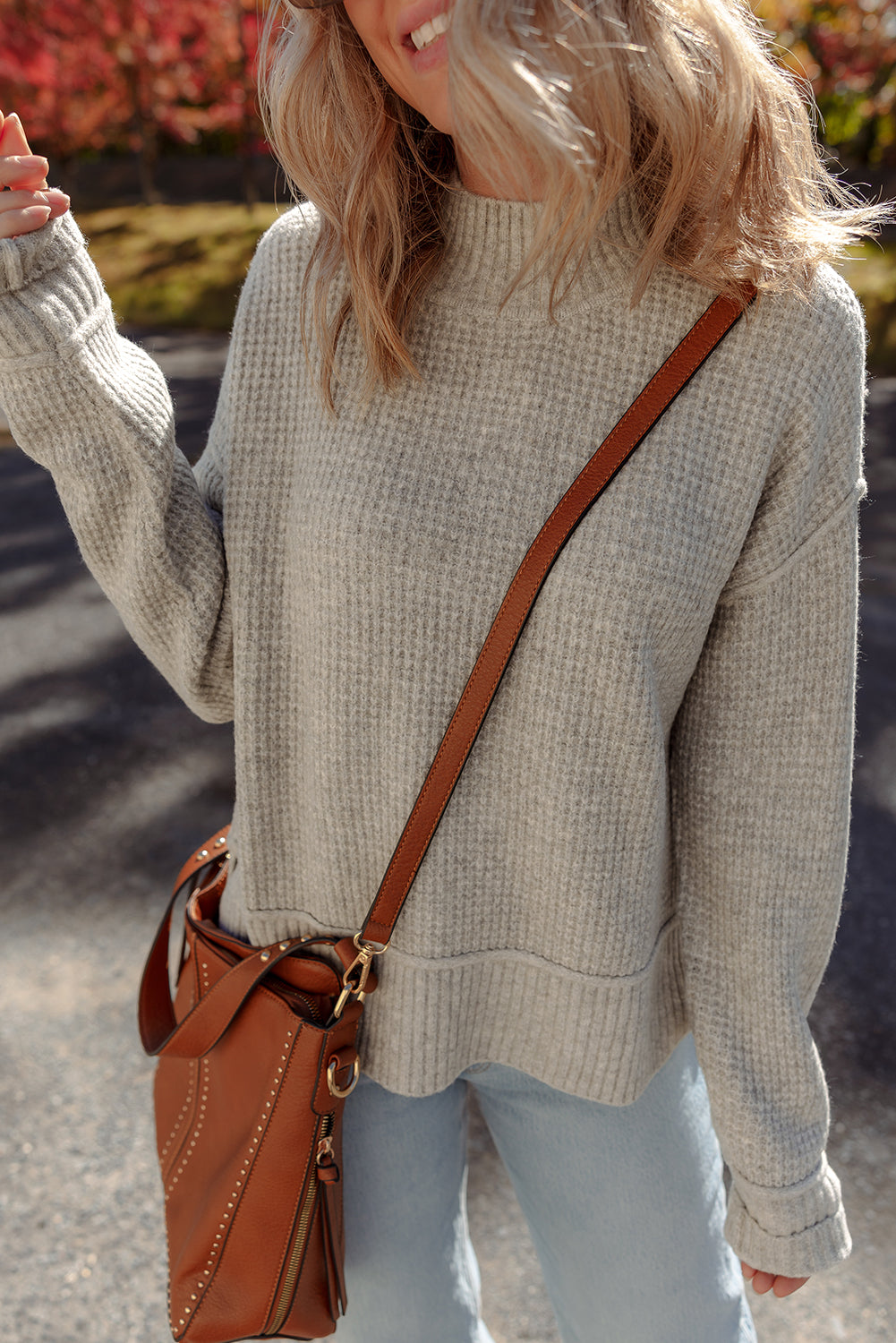 Waffle Texture Knit Ribbed High Neck Drop Shoulder Sweater - eAura