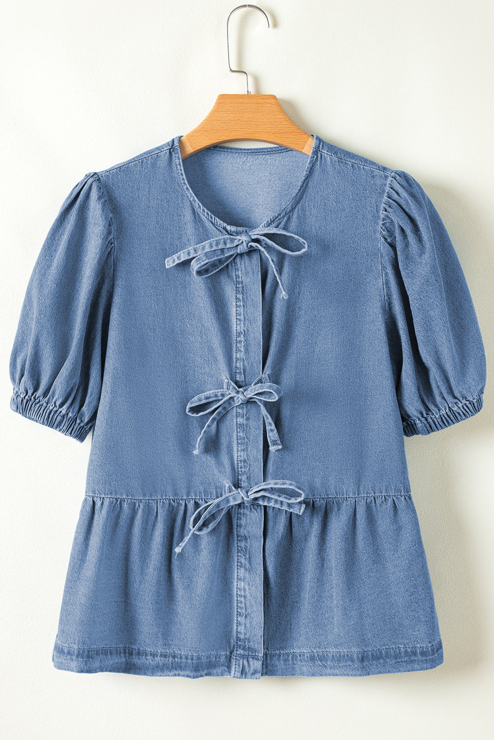 Dusk Blue Tied Front Bubble Sleeve Peplum Denim Shirt eAura