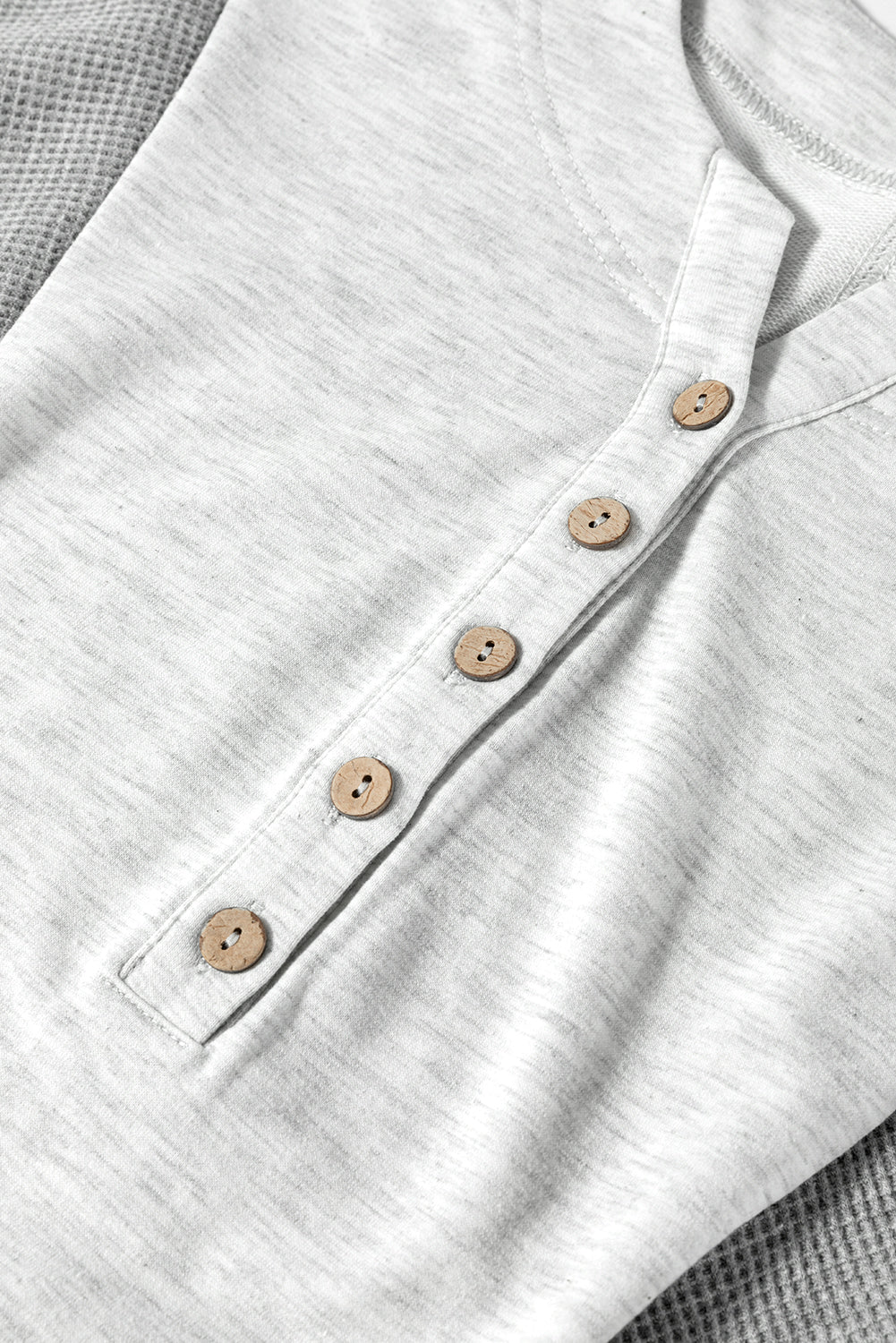 Light Grey Two Tone Contrast Waffle Knit Patched Buttoned V Neck Top eAura