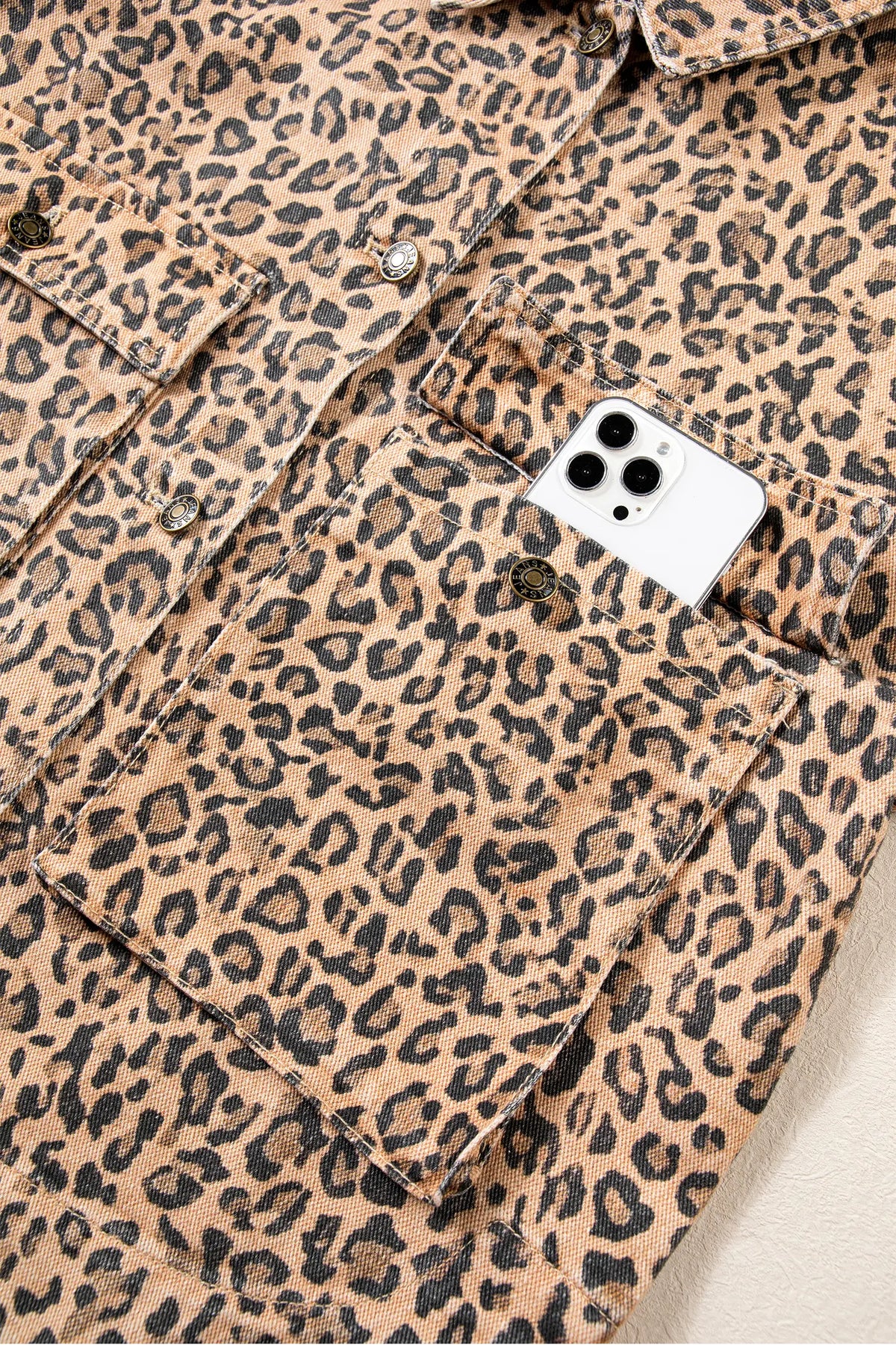 Leopard Print Collar Long Sleeve Patch Pocket Shift Denim Jacket – Khaki
