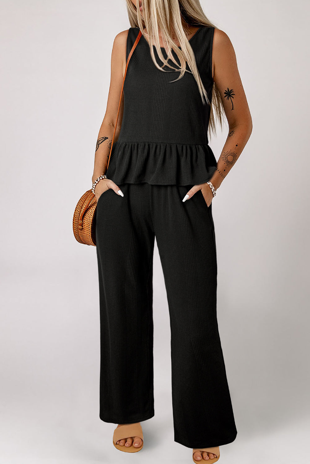 Duffel Green Solid Colour Ribbed Ruffle Tank Top and Trousers Set eAura