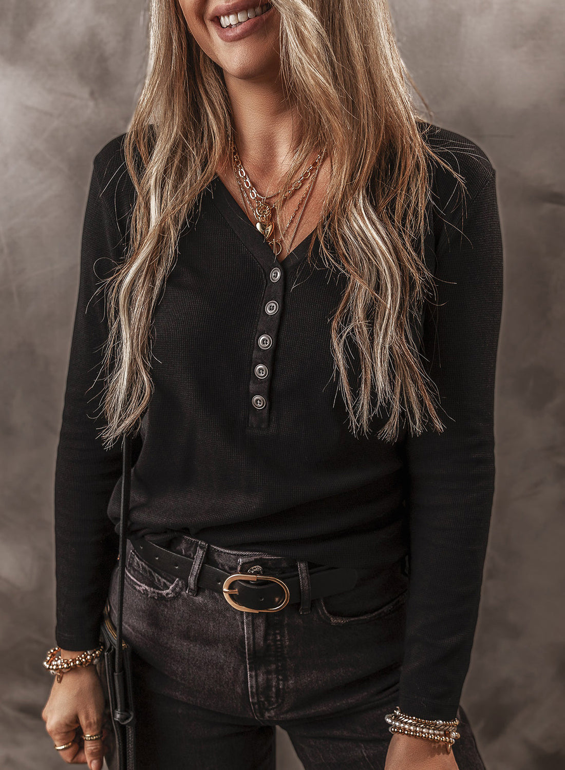 Black Buttoned V Neck Long Sleeve Ribbed Top eAura
