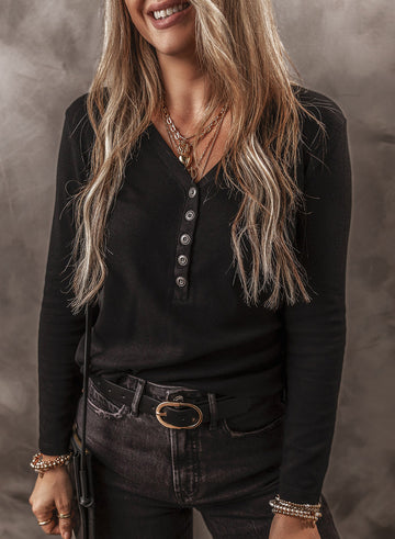 Black Buttoned V Neck Long Sleeve Ribbed Top eAura