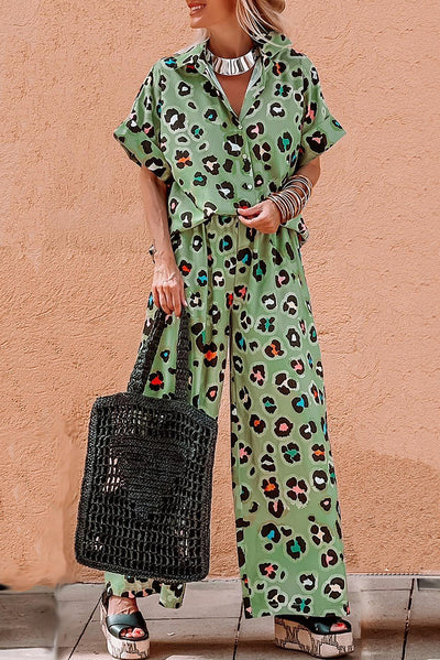 Green Leopard Print Short Sleeve Shirt and Wide Leg Trousers Set - S / 100% Polyester - Two Piece Sets/Pant Sets