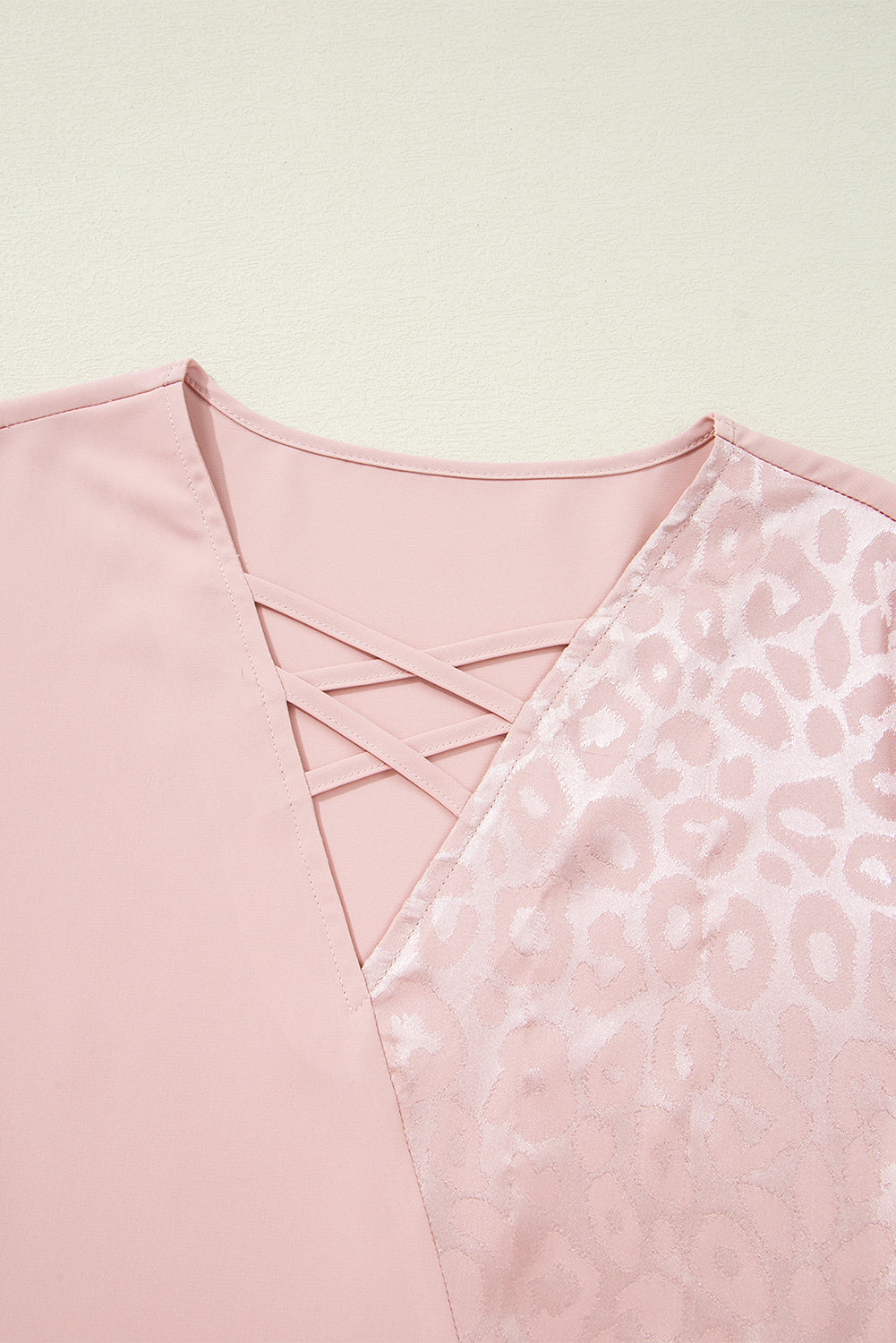 Pink Leopard Jacquard Patchwork Crisscross V-Neck Short Sleeve Blouse eAura
