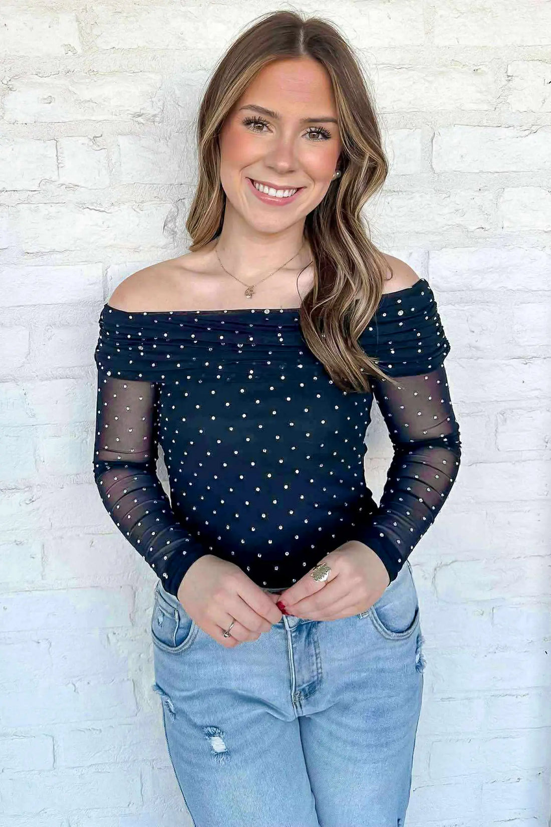 Off Shoulder Polka Dot Mesh Long Sleeve Sheath Top – Blue