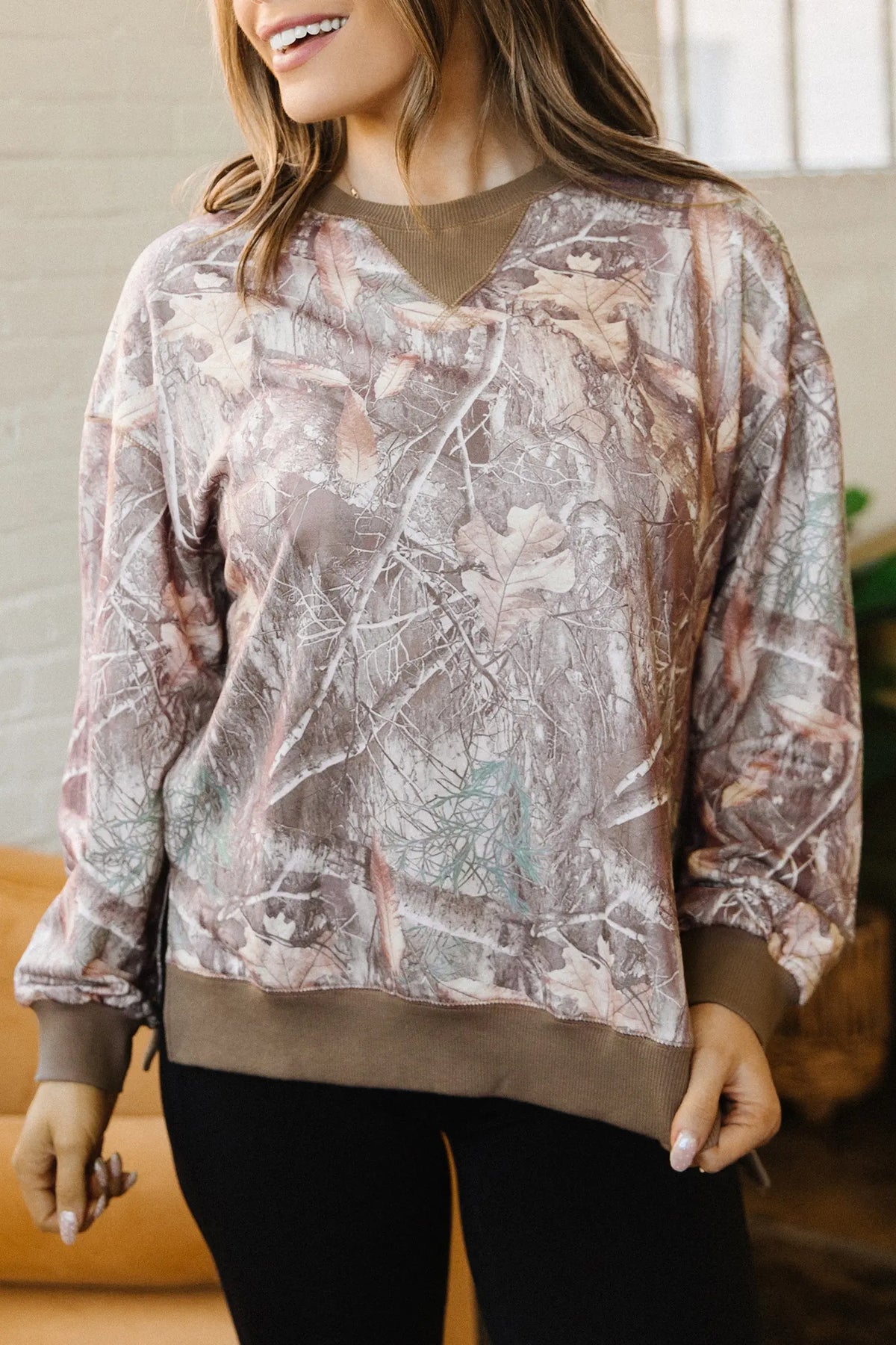 Abstract Camo Print Colour Block Detail Baggy Pullover Sweatshirt – Brown