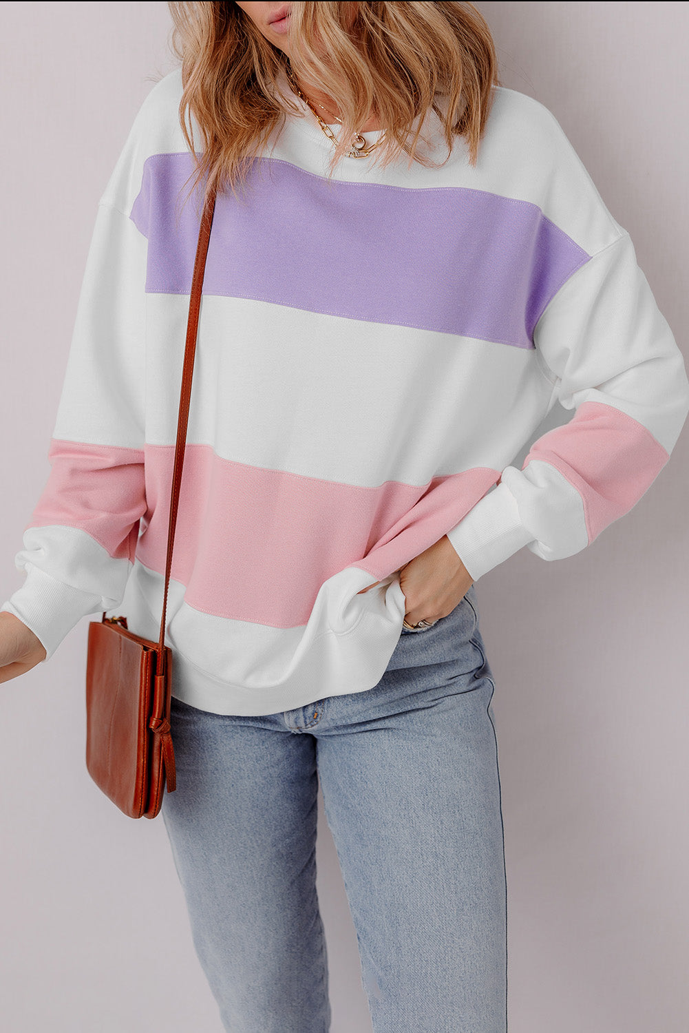 Beige Colourblock Patchwork Drop Shoulder Crewneck Sweatshirt eAura