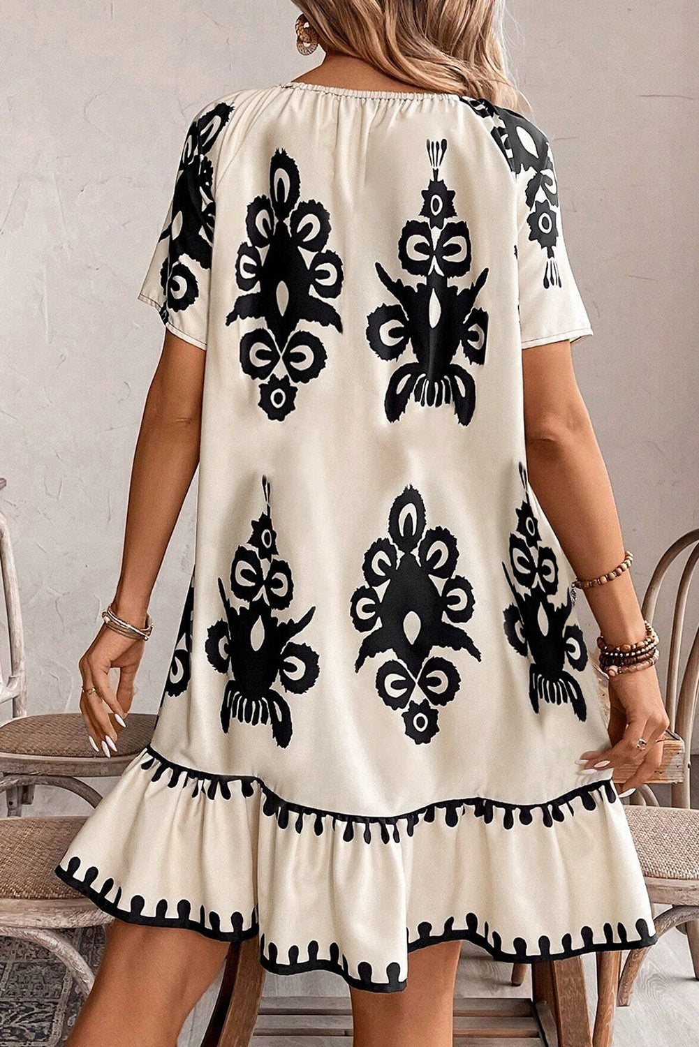 Apricot Western Print Ruffled Short Sleeve Loose Dress eAura