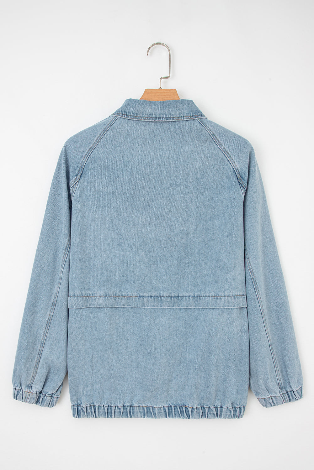 Blue Elastic Edge Collared Zip Up Denim Jacket With Pocket eAura