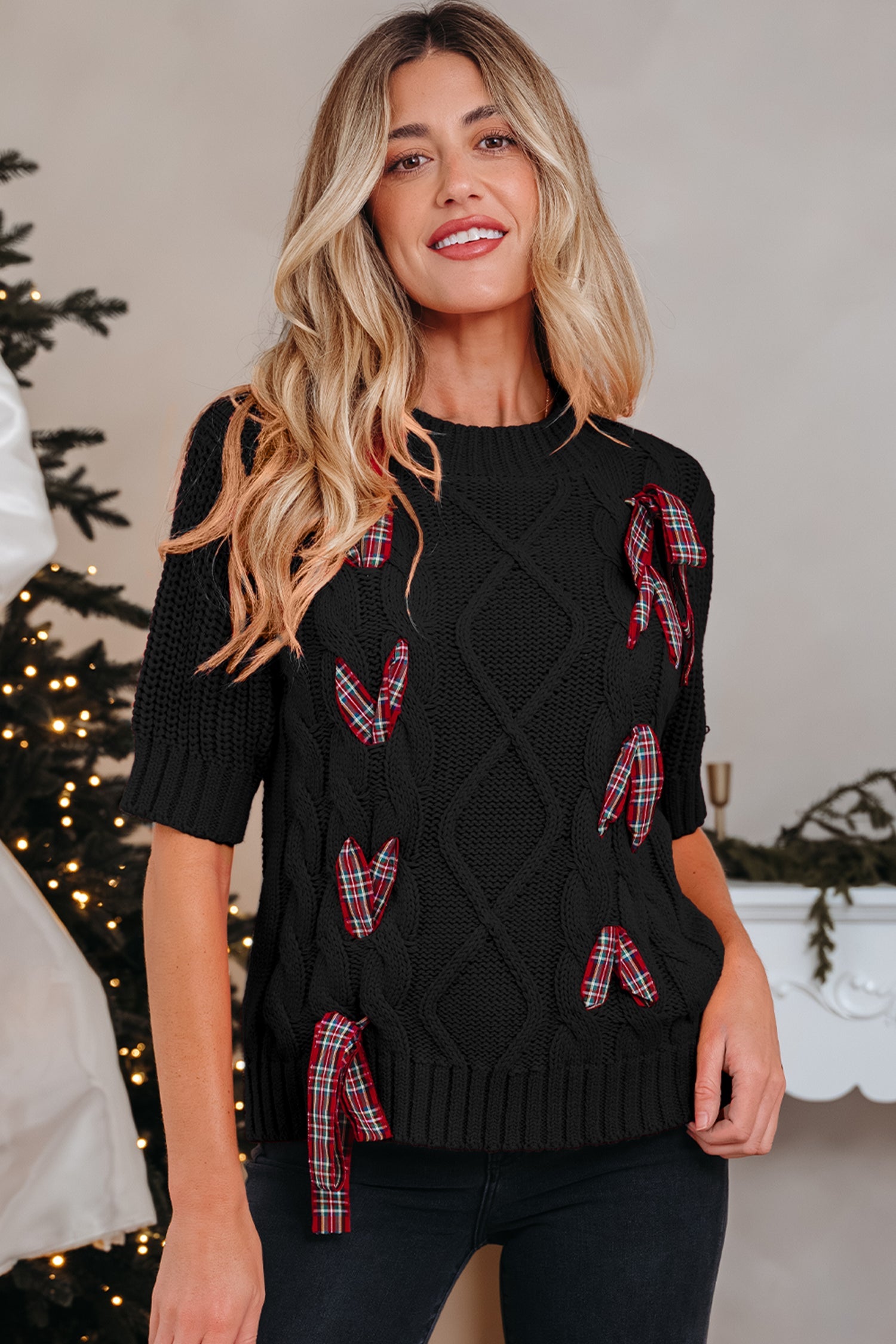 Plaid Lace up Detail Christmas Holiday Puff Short Sleeve Sweater - eAura
