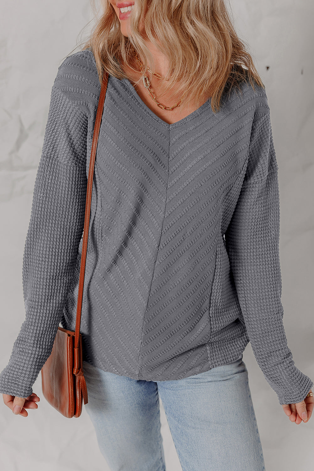 V-Neck Chevron Textured Long Sleeve Top - eAura