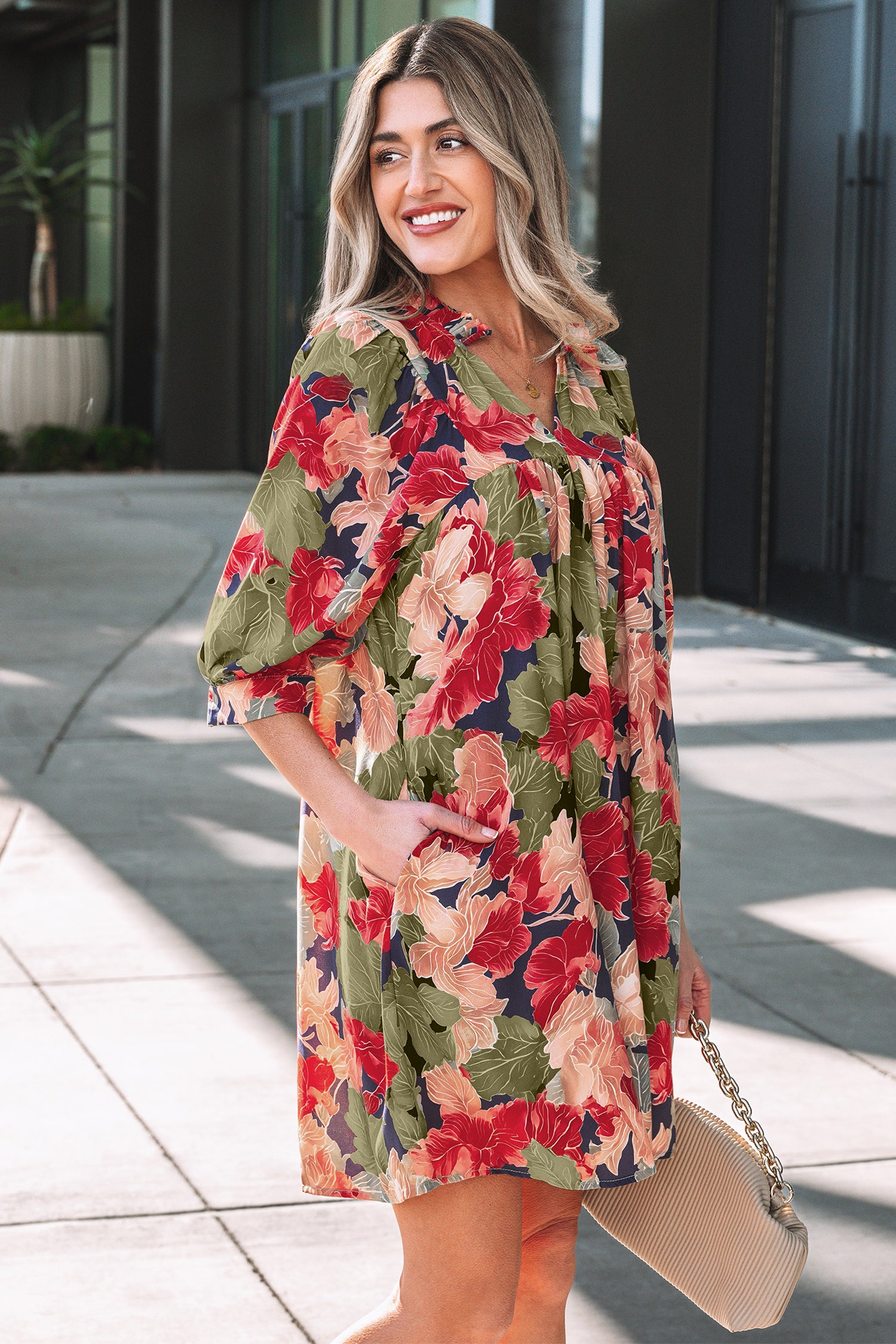 Floral Print Frilled Collar V-Neck Half Sleeve Mini Dress