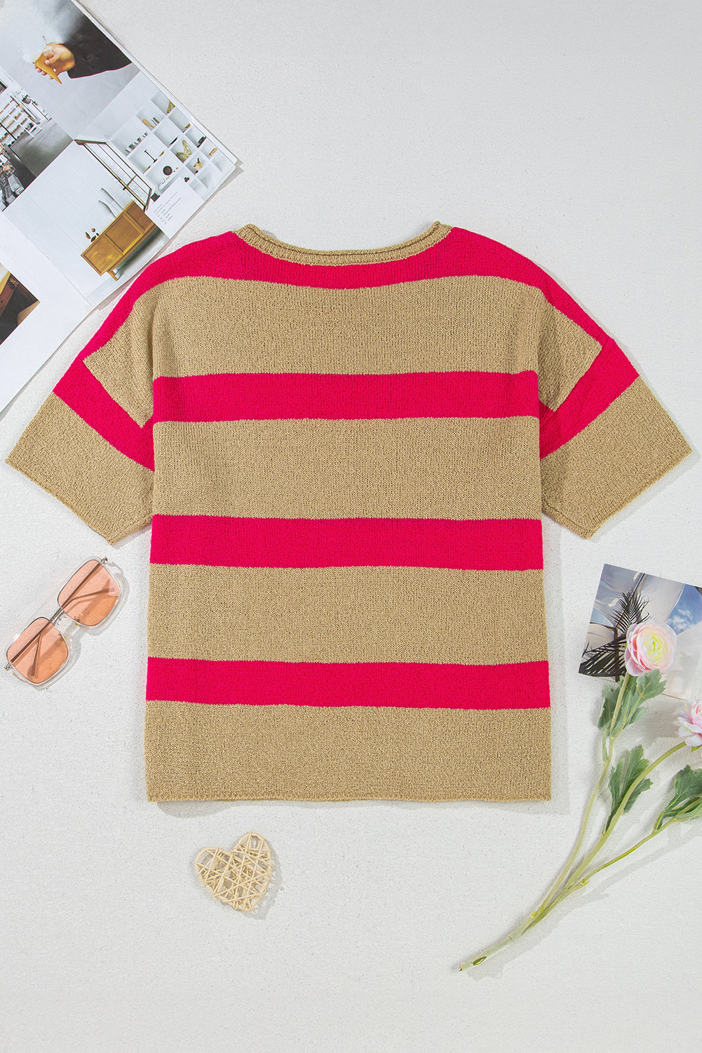 Pink Stripe Short Sleeve Lightweight Sweater eAura