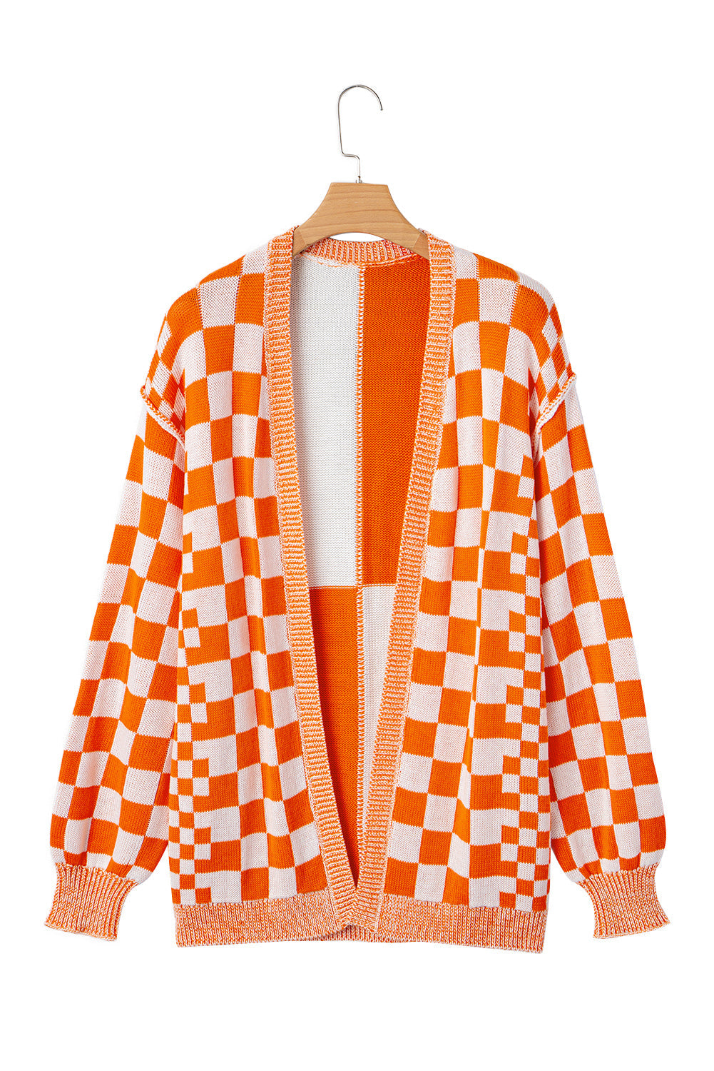 Orange Checkered Open Front Drop Shoulder Cardigan eAura