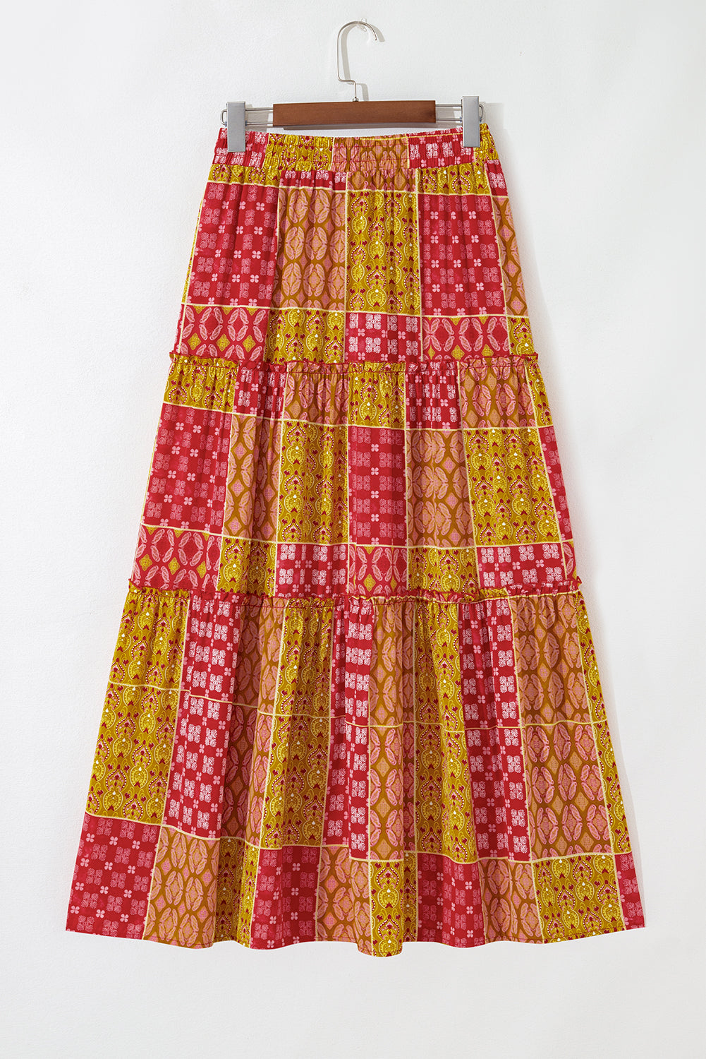 Tiered Paisley Print Pocketed Maxi Skirt