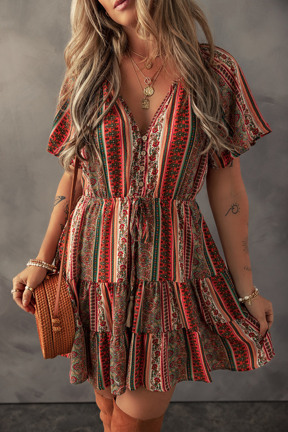 Red Bohemian Floral Print Buttoned V Neck Ruffle Tiered Dress eAura