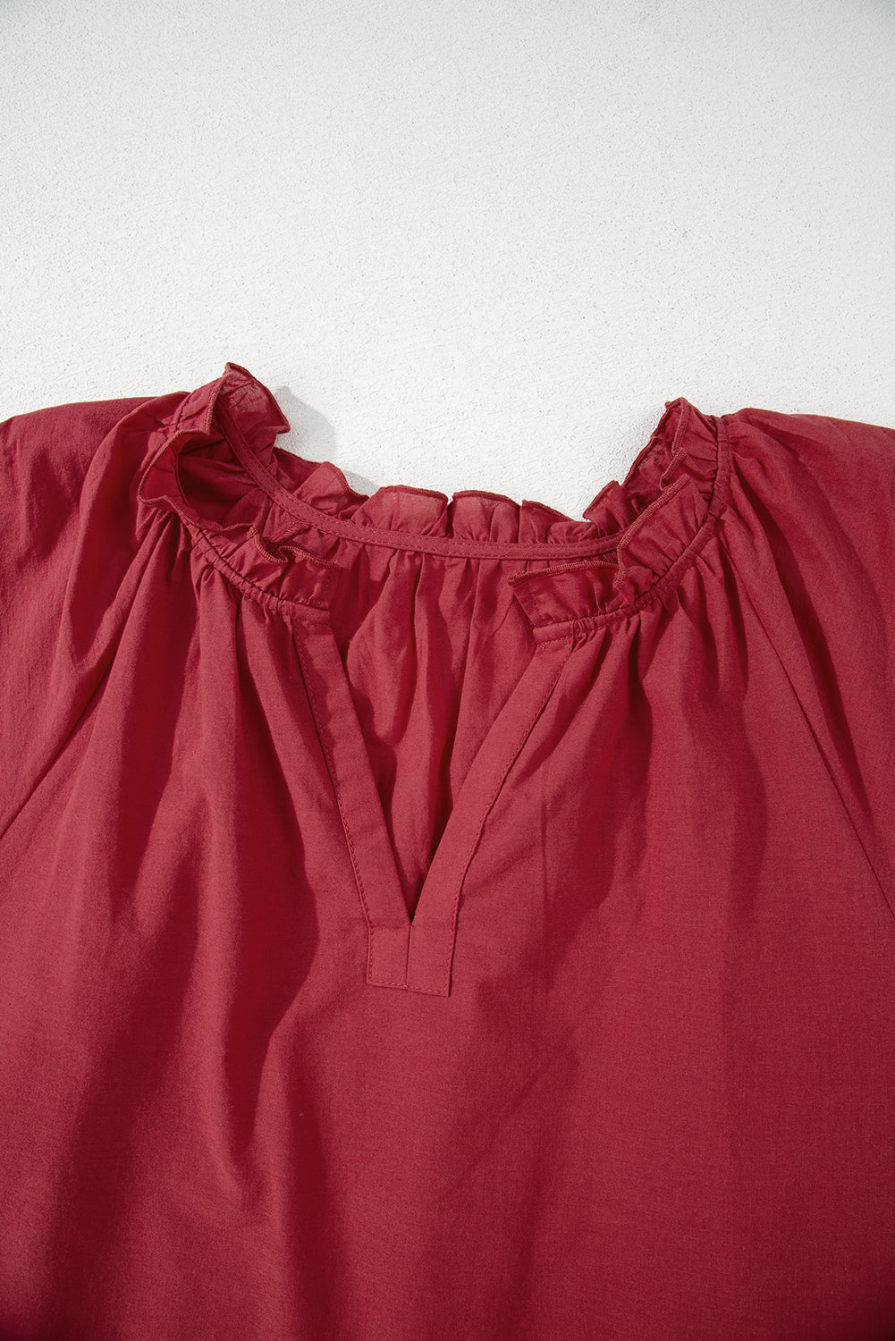 Red Dahlia Floral Embroidered Scallop Trim Short Sleeve V Neck Blouse eAura