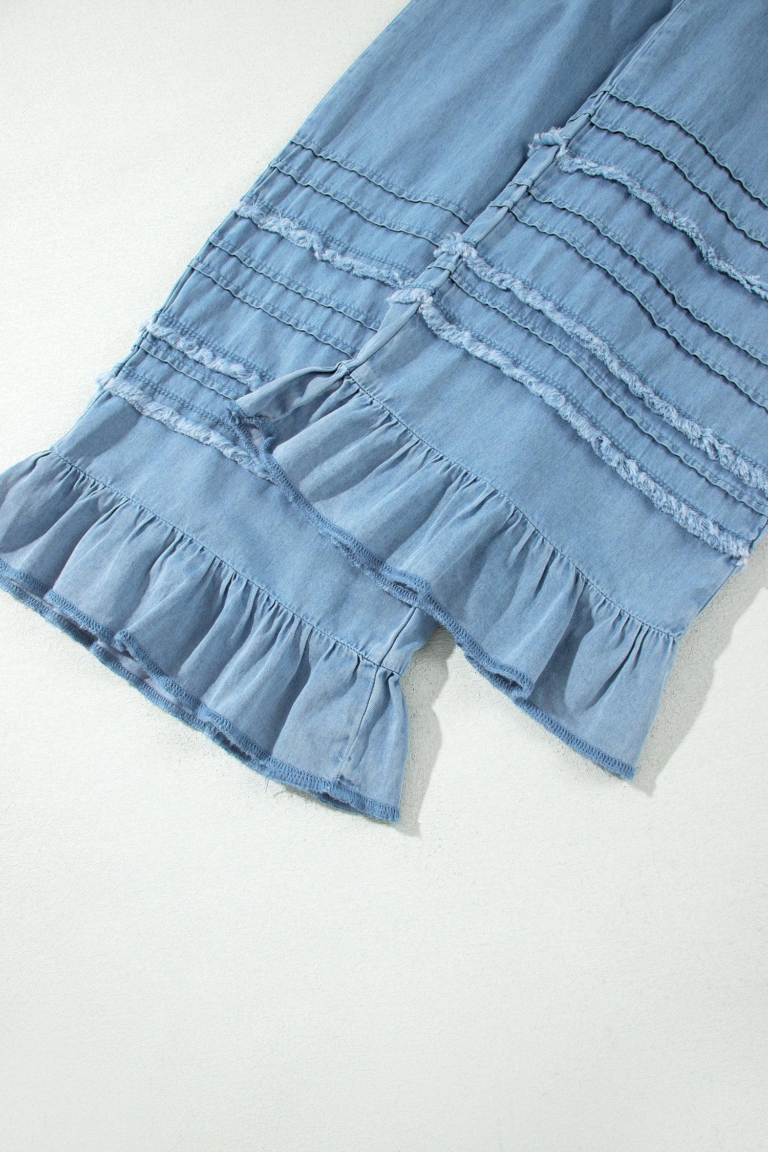 Beau Ruffled Hem Wide Leg Chambray Pants – Blue