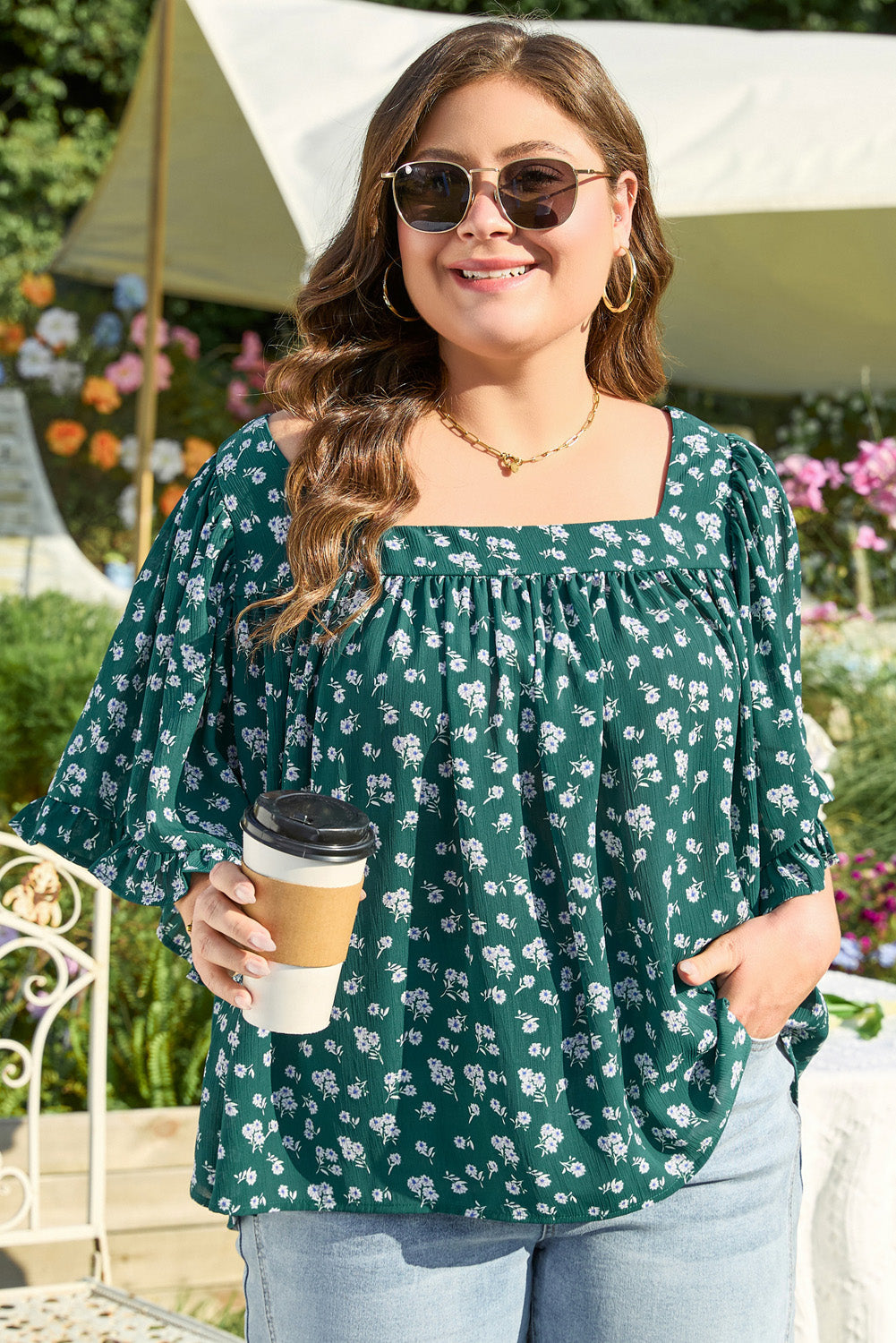 Green Floral Print Square Neck Ruffled Trim Plus Size Blouse BB Fashion Outlet